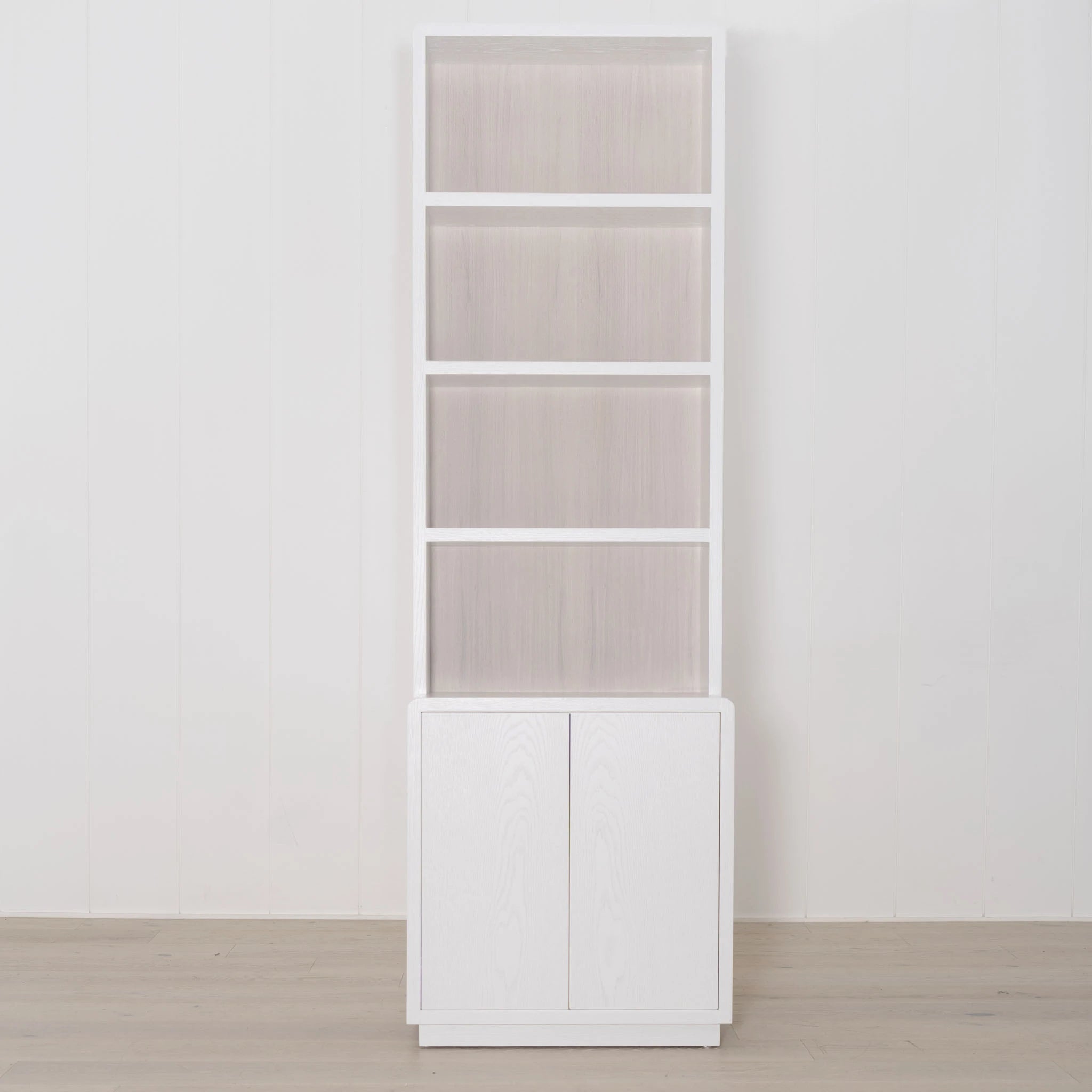 As Shown: 28"W x 22"D x 90"H | Material: Solid & Engineered Oak | Finish: Frame: White wire brushed, Inside Panel: Shell