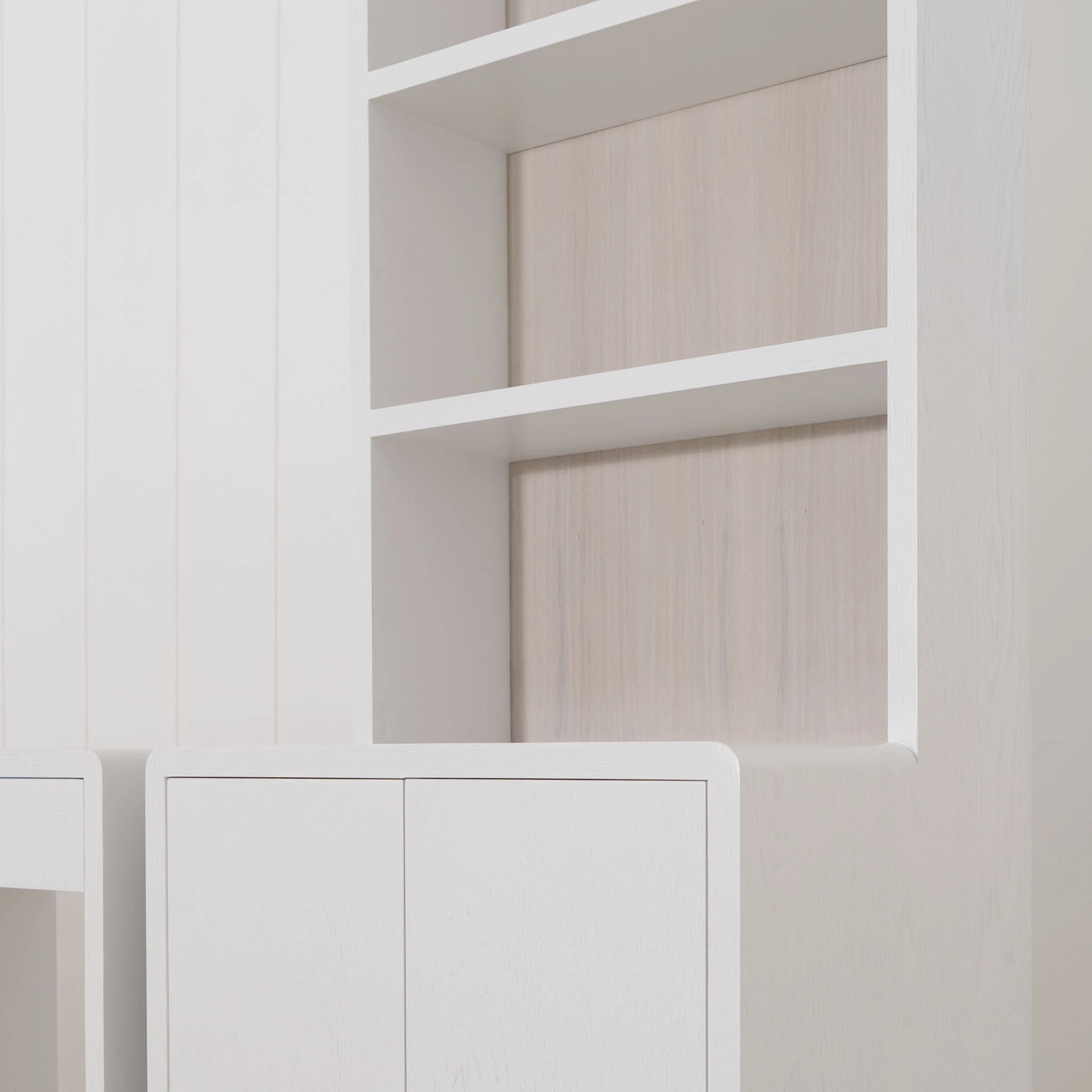 As Shown: 28"W x 22"D x 90"H | Material: Solid & Engineered Oak | Finish: Frame: White wire brushed, Inside Panel: Shell