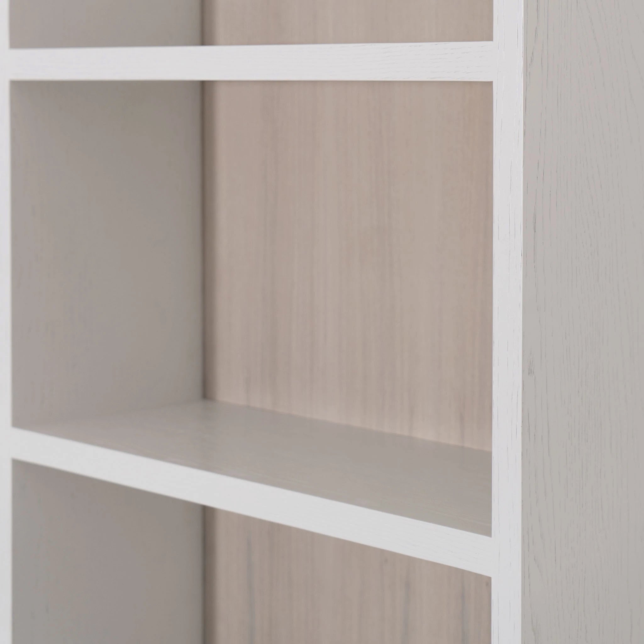 As Shown: 28"W x 22"D x 90"H | Material: Solid & Engineered Oak | Finish: Frame: White wire brushed, Inside Panel: Shell
