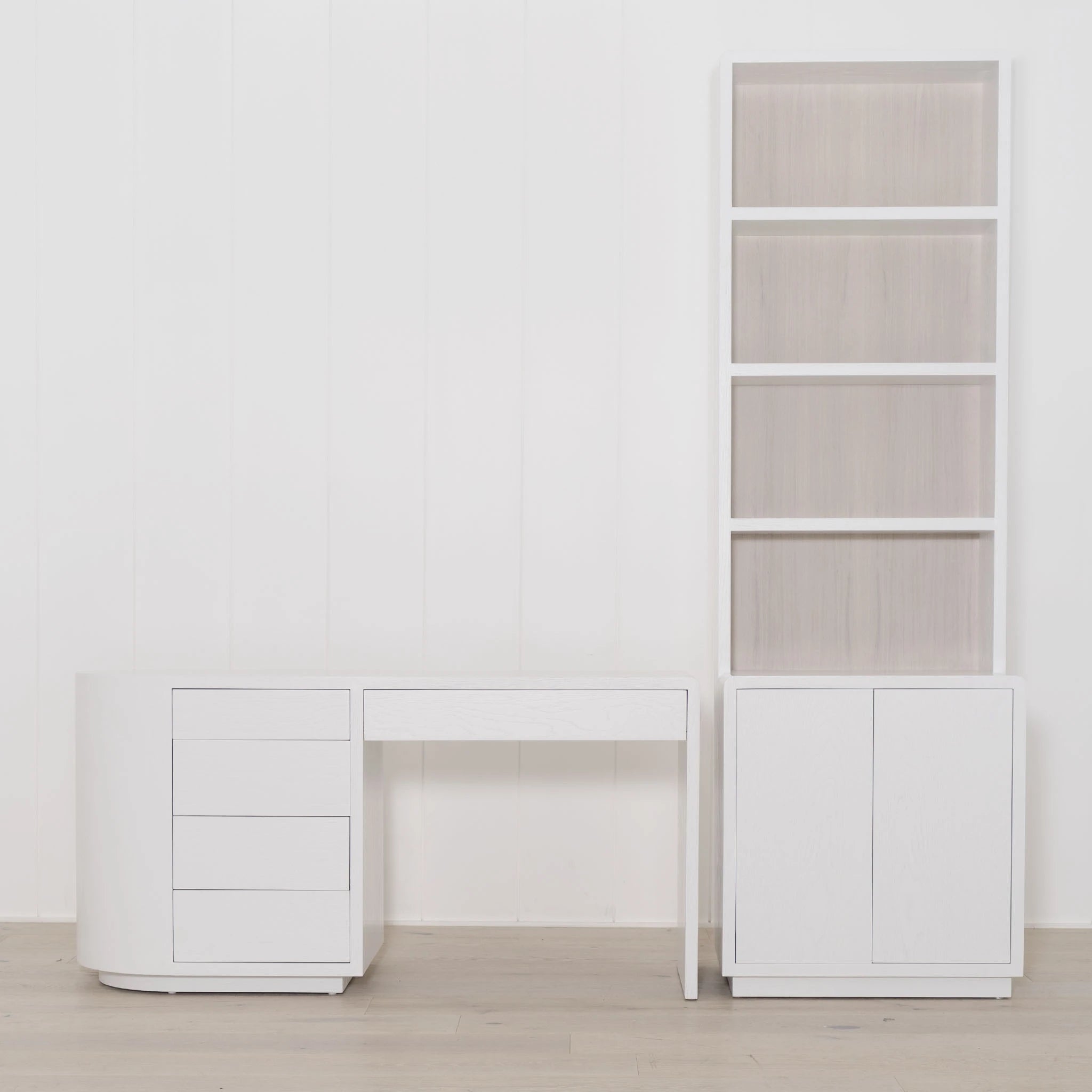 As Shown: 28"W x 22"D x 90"H | Material: Solid & Engineered Oak | Finish: Frame: White wire brushed, Inside Panel: Shell