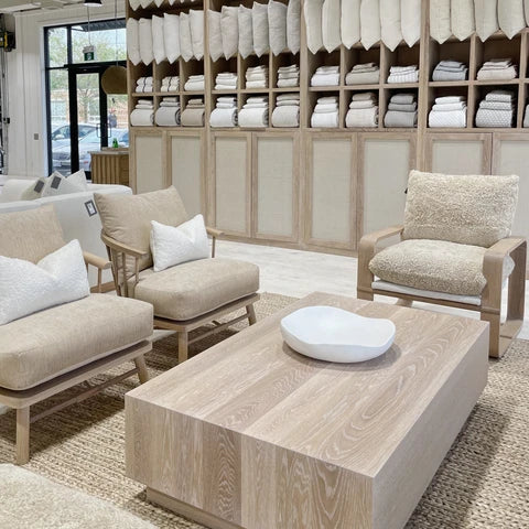 As Shown: in Dusty Beige Shearling, Nora snow frame and Mint White Natural oak.