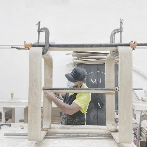 As Shown: in Dusty Beige Shearling, Nora snow frame and Mint White Natural oak.