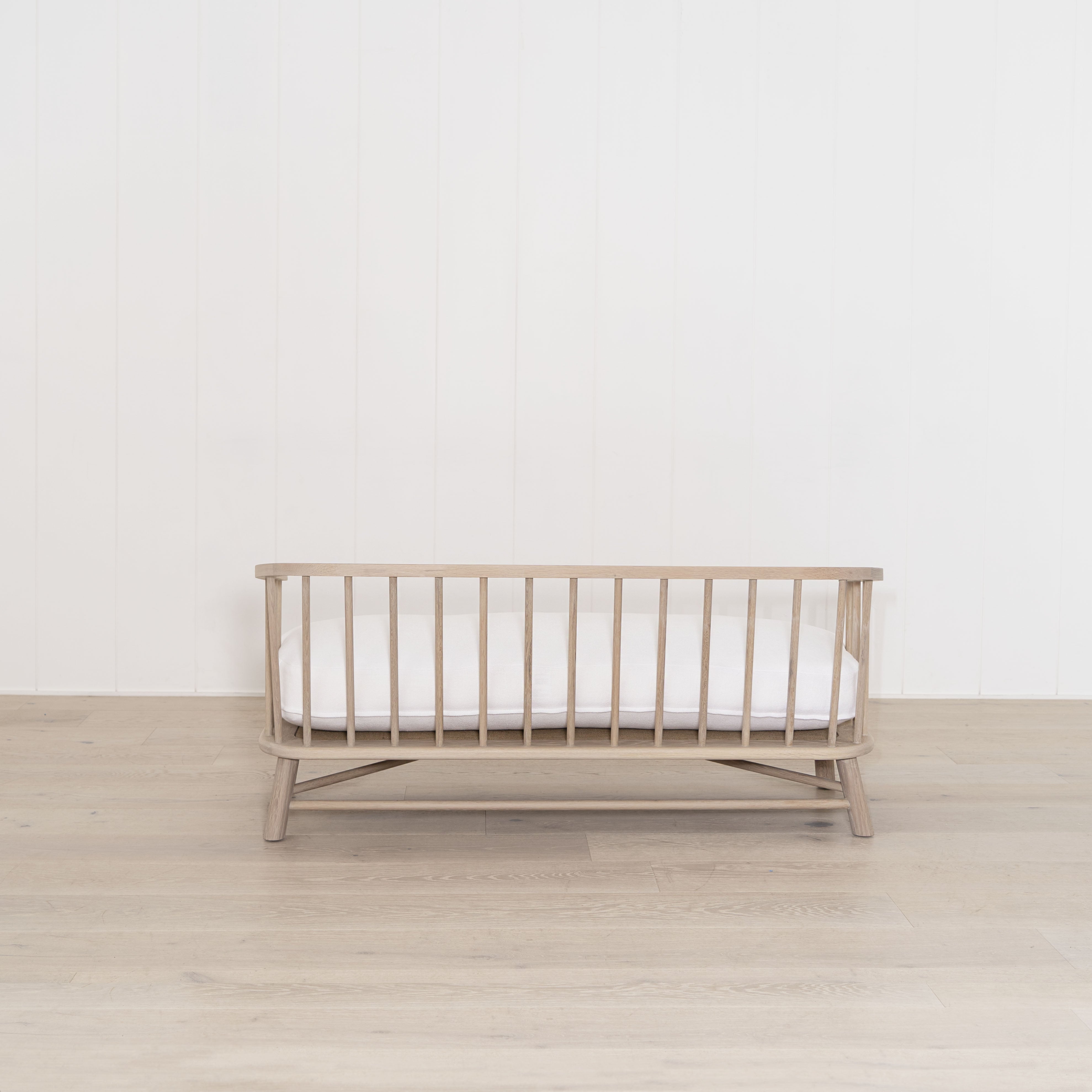 As Shown: in Frame White, oak finished in Mint White Natural.