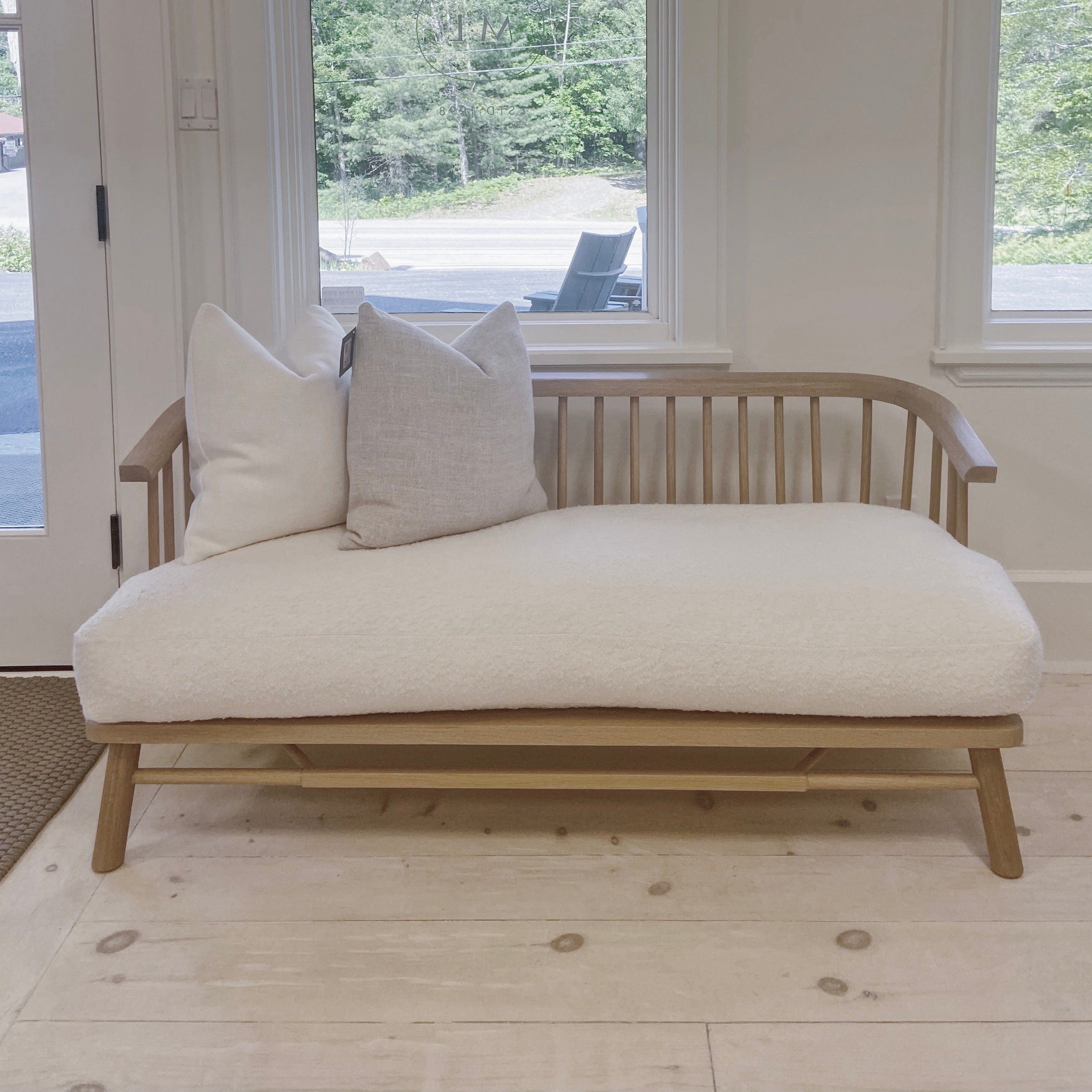 As Shown: in Frame White, oak finished in Mint White Natural.