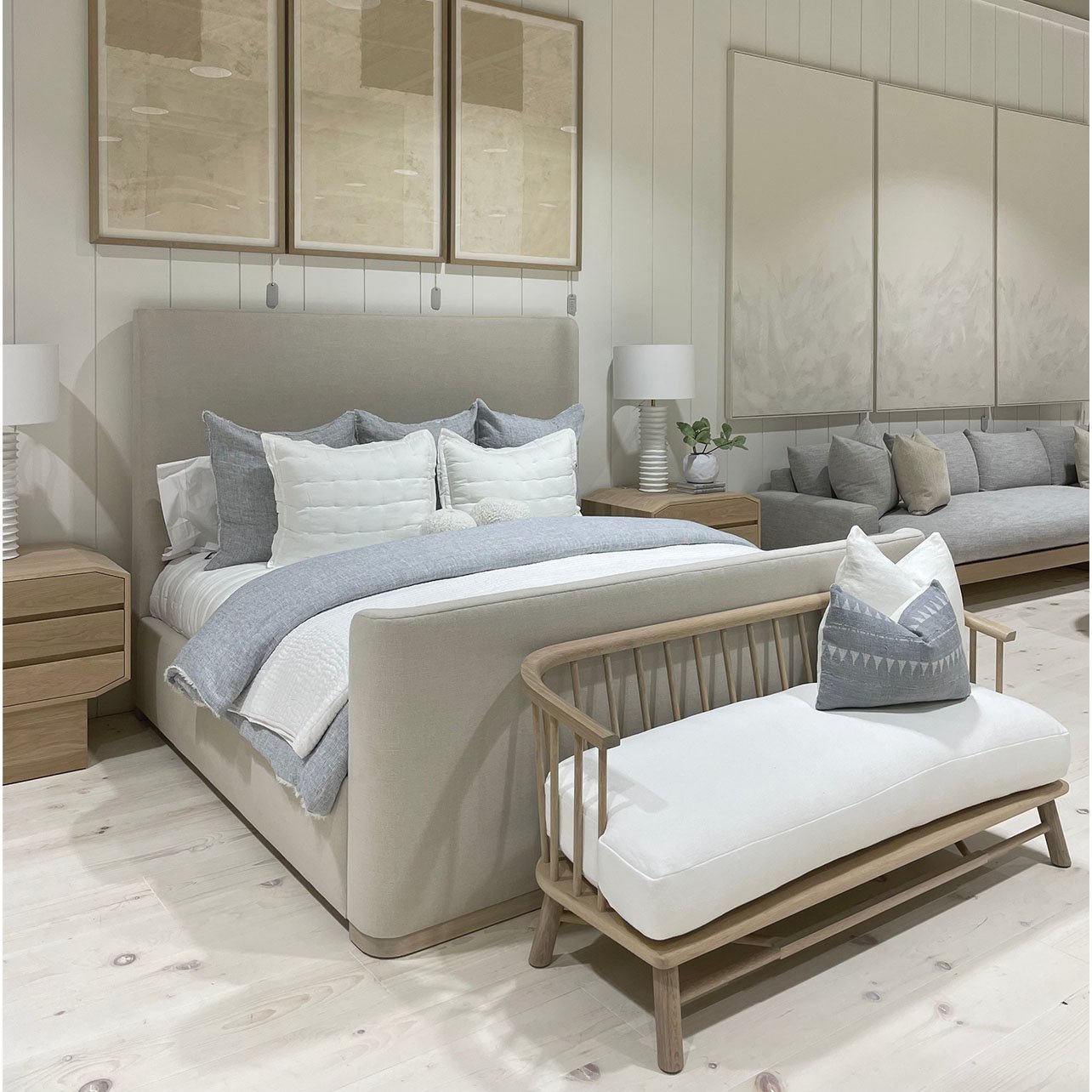 As Shown: in Frame White, oak finished in Mint White Natural.