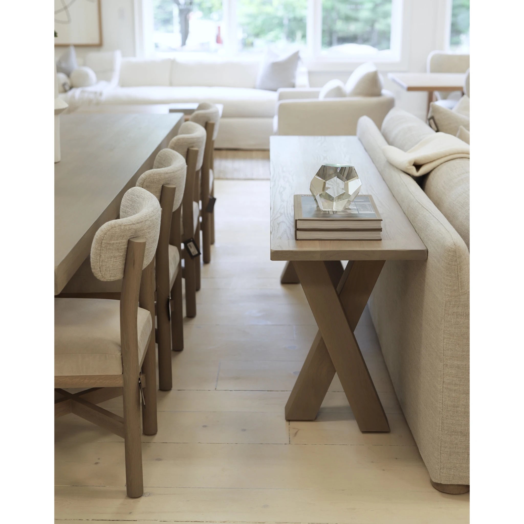 As Shown: COM fabric. Solid Ash wood wire brushed painted in Figueroa.