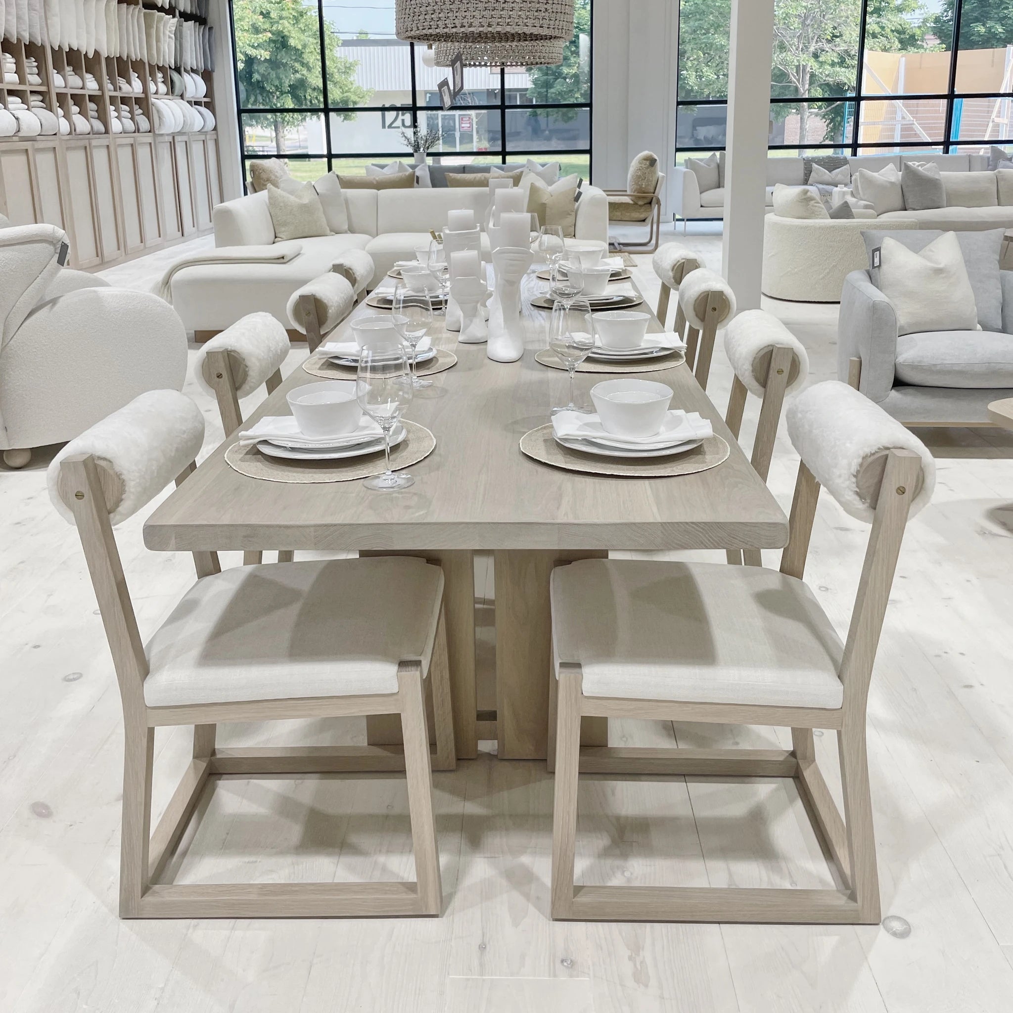 As Shown: in Lincoln Slate seat and Dusty Beige Shearling back. Oak finished in Mint White Super White.