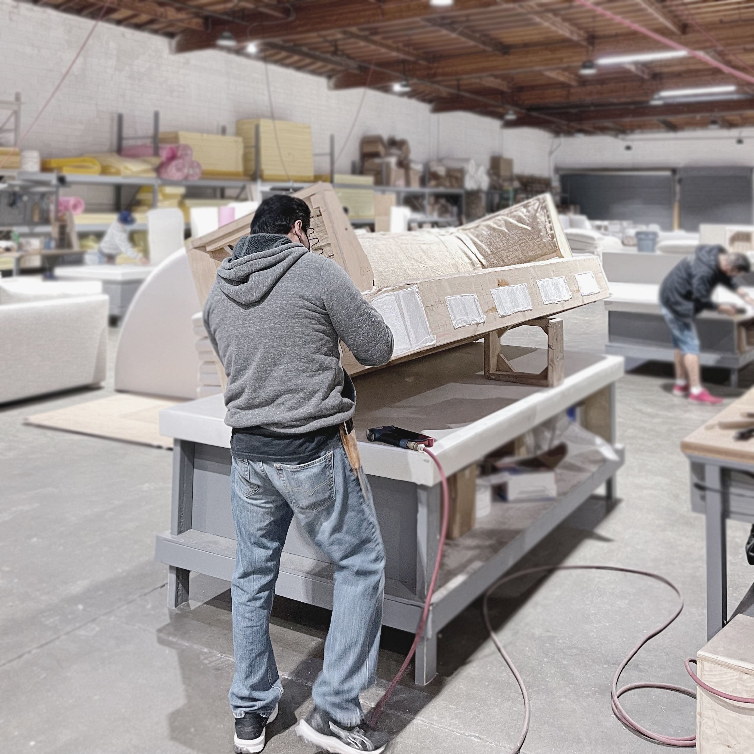 As Shown: in com fabrics, oak legs finished in Mint White Natural.