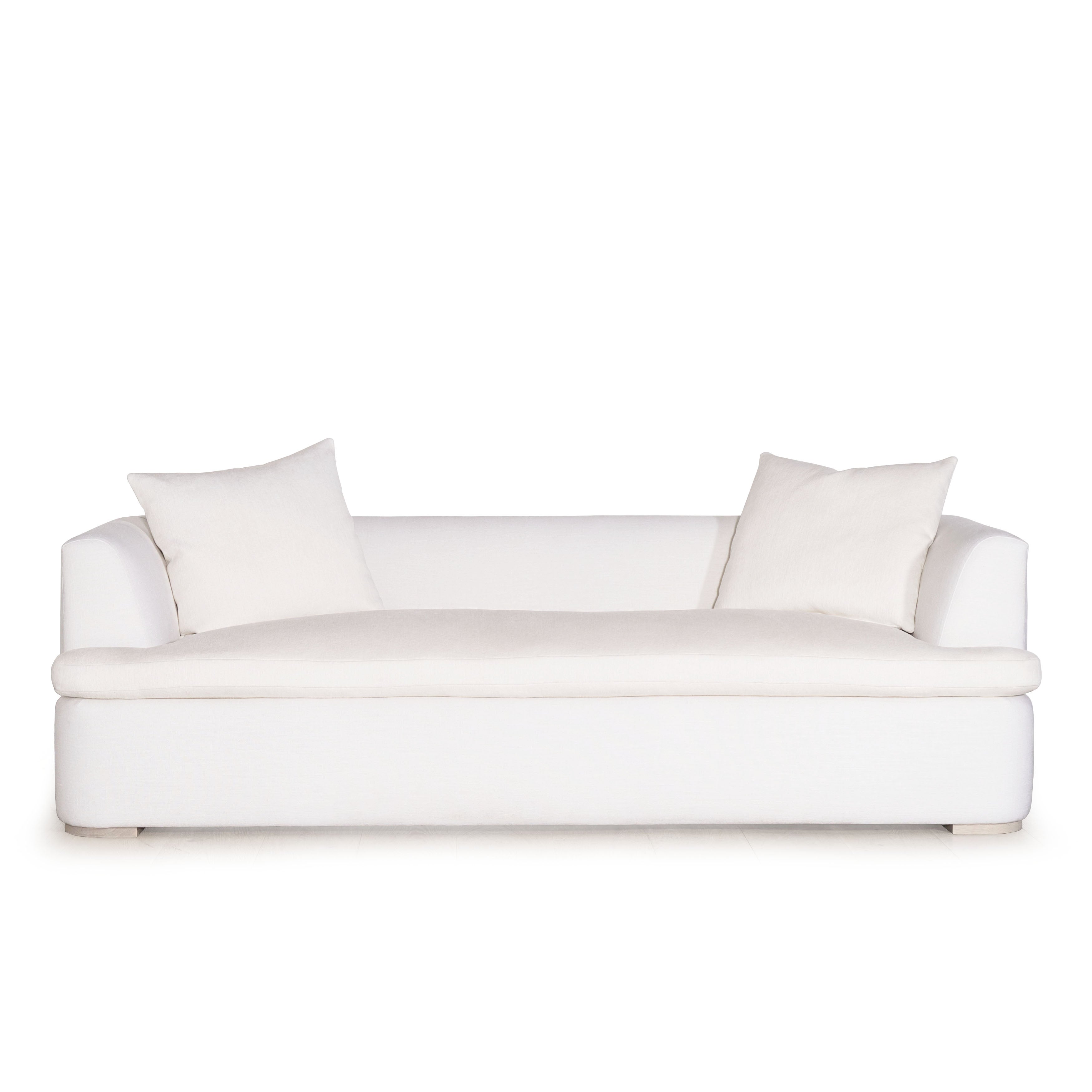 As Shown: in com fabrics, oak legs finished in Mint White Natural.