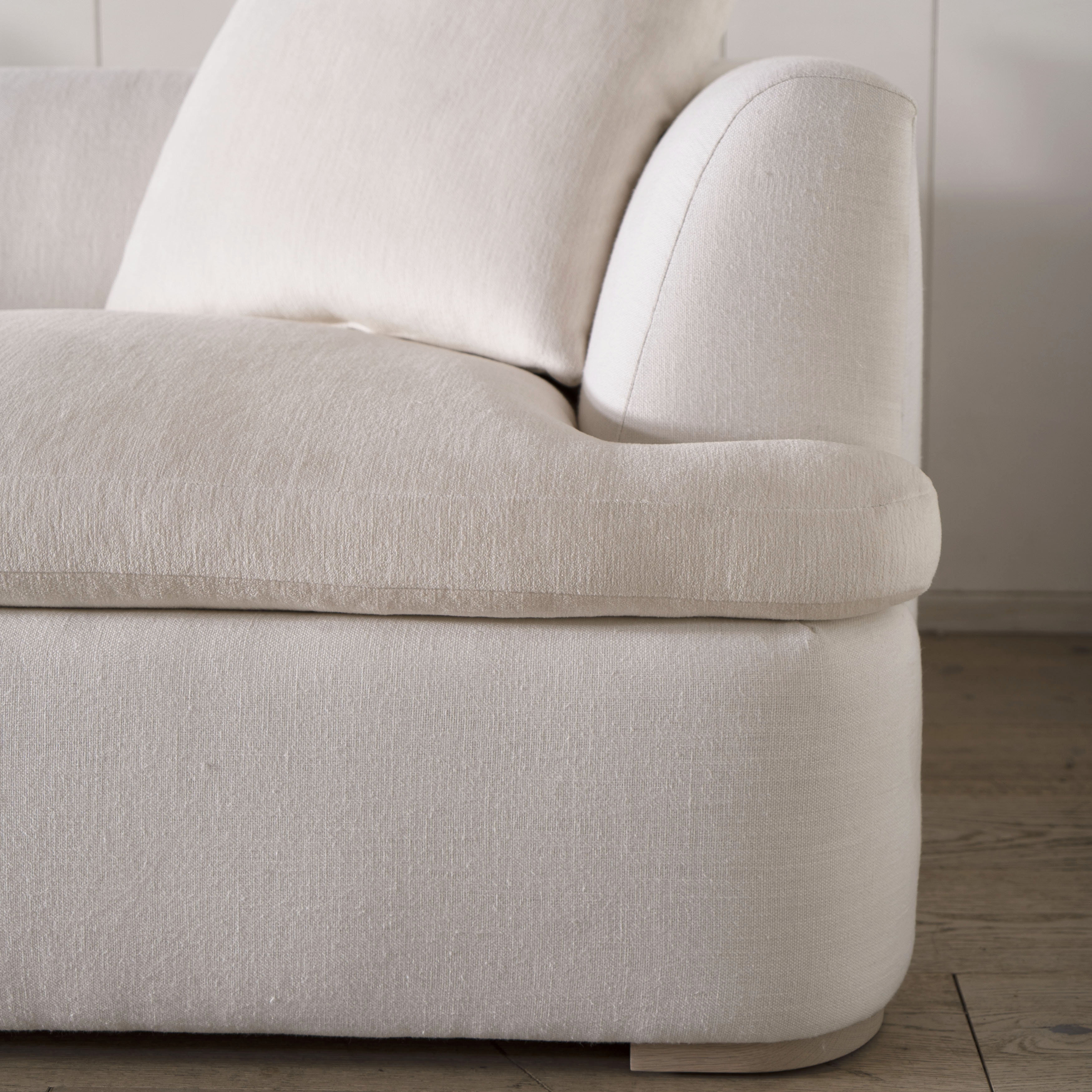 As Shown: in com fabrics, oak legs finished in Mint White Natural.