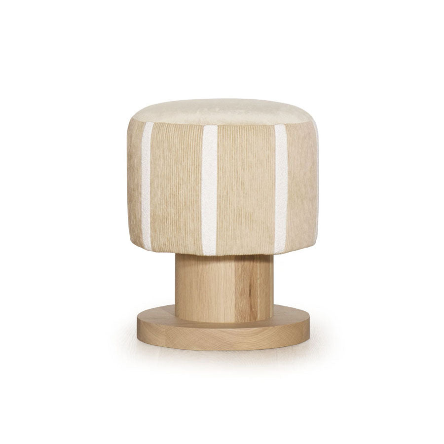 As Shown: 15"Diam. x 20"H | Material: Oak | Finish: Custom | Fabrics: Lincoln Custard (Top); Mila Cashew (Body) & Rome Ivory (Stripes)