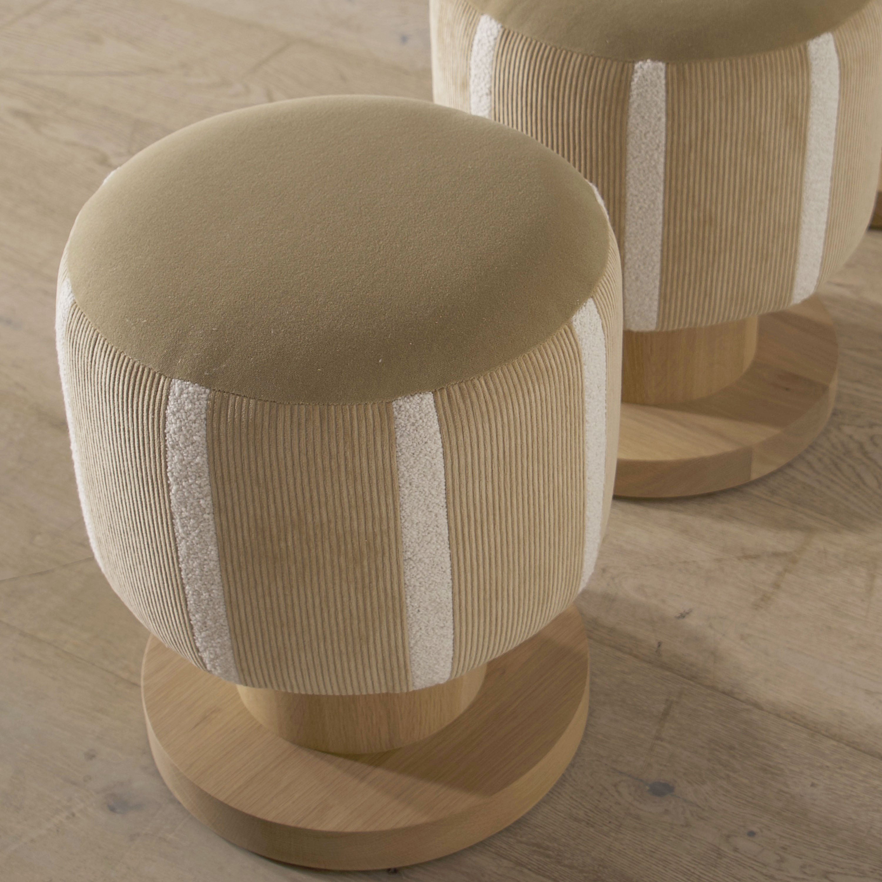 As Shown: 15"Diam. x 20"H | Material: Oak | Finish: Custom | Fabrics: Sky Hemp (Top); Mila Cashew (Body) & Rome Ivory (Stripes)