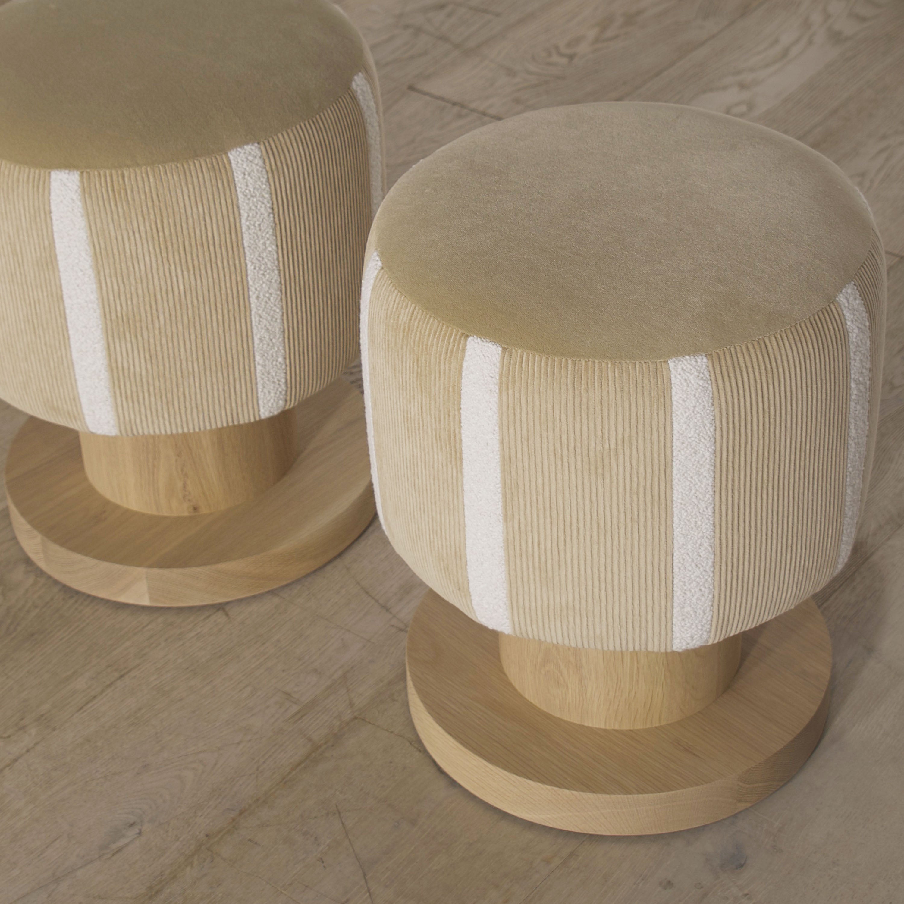 As Shown: 15"Diam. x 20"H | Material: Oak | Finish: Custom | Fabrics: Sky Hemp (Top); Mila Cashew (Body) & Rome Ivory (Stripes)