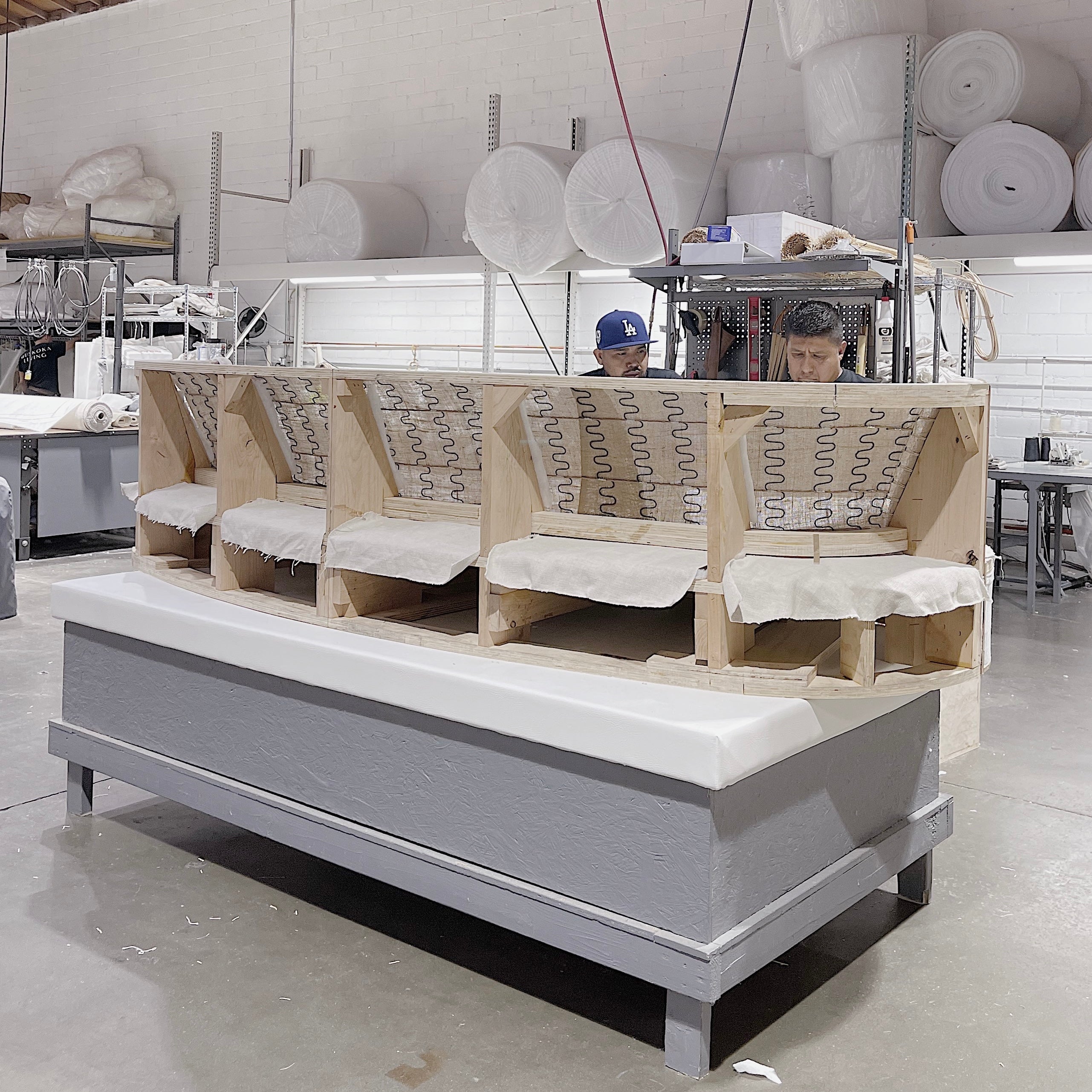 As Shown: Upholstered in Belgian Oatmeal, oak base finished in Mint White Super White