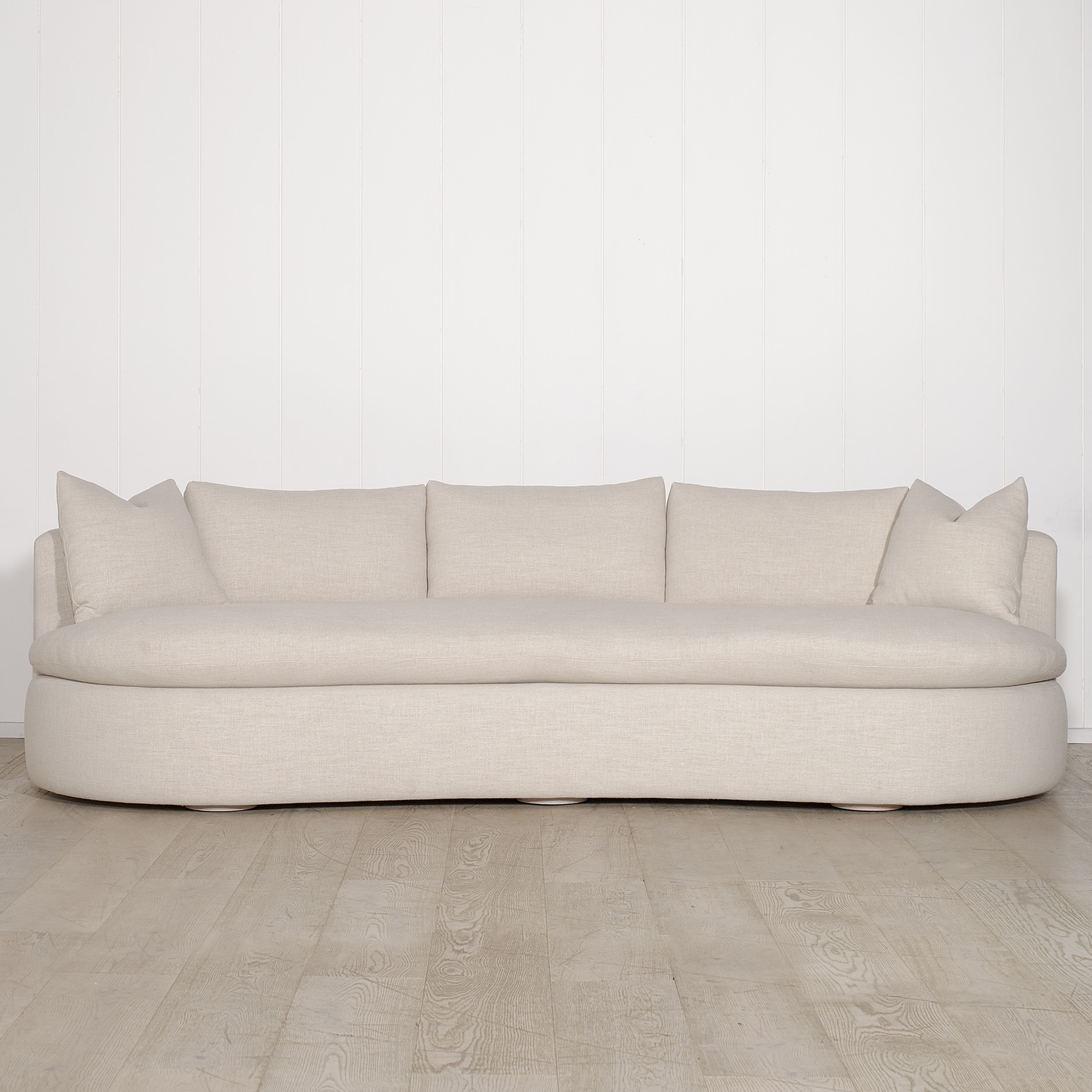 As Shown: Upholstered in Belgian Oatmeal, oak base finished in Mint White Super White