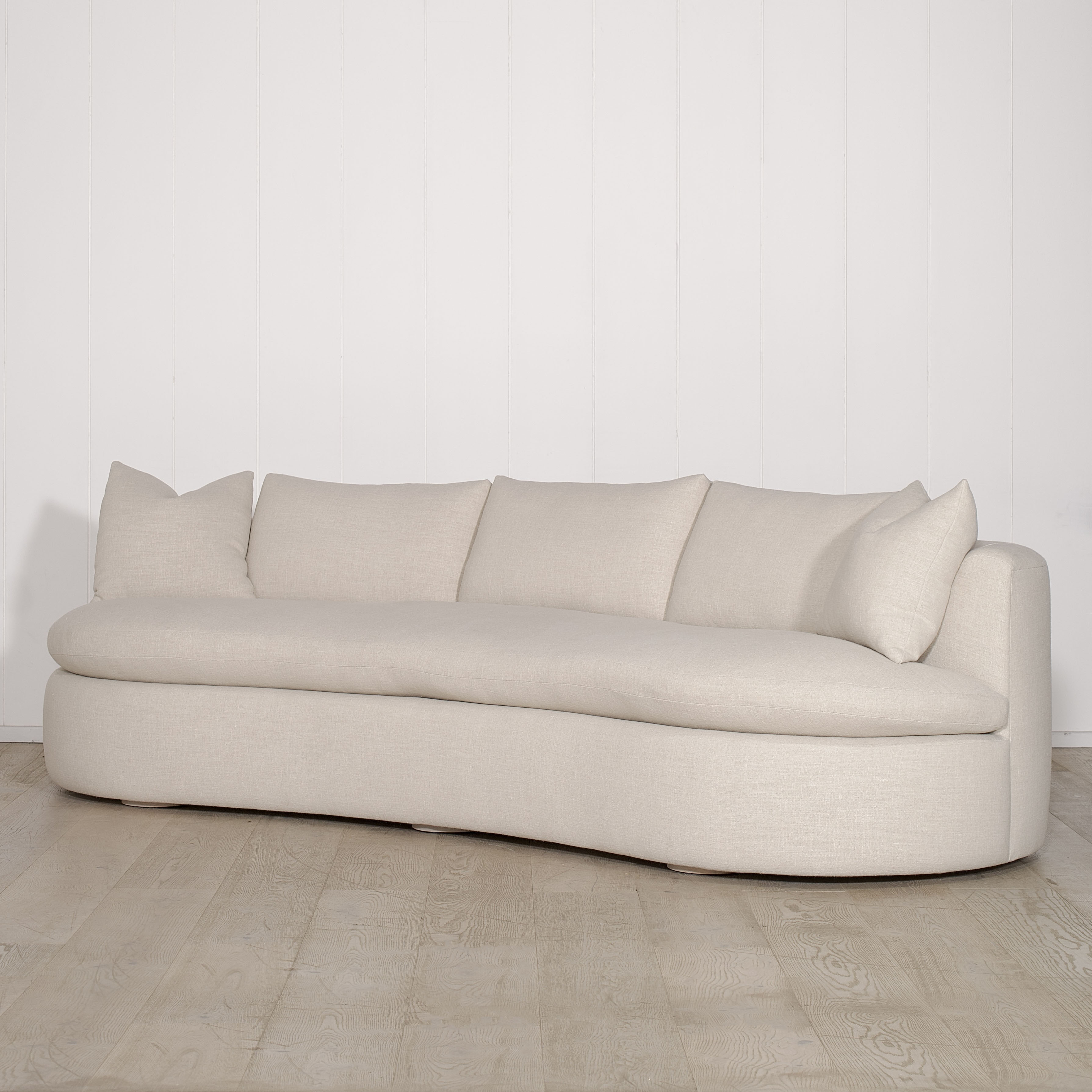 As Shown: Upholstered in Belgian Oatmeal, oak base finished in Mint White Super White