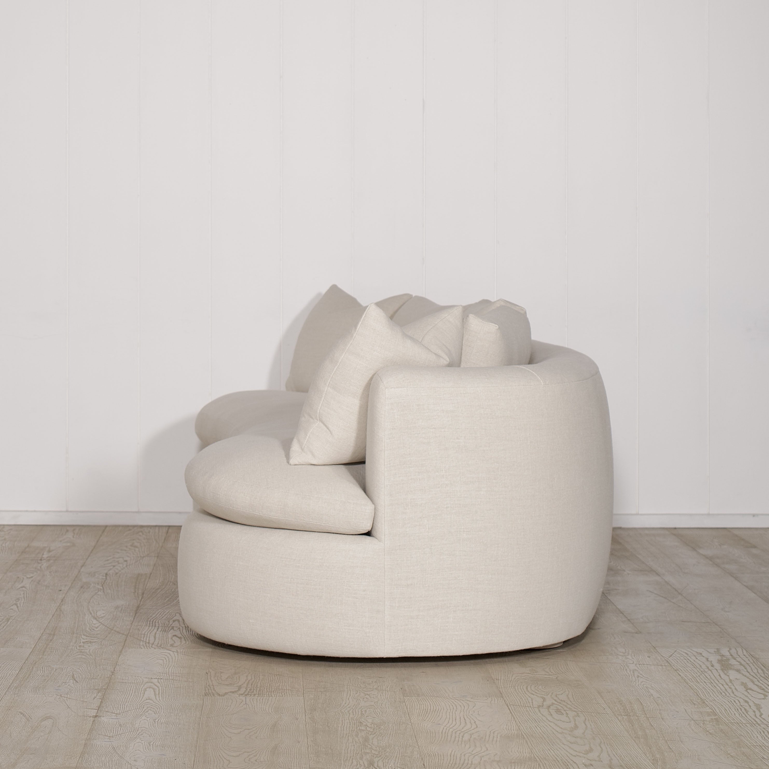 As Shown: Upholstered in Belgian Oatmeal, oak base finished in Mint White Super White