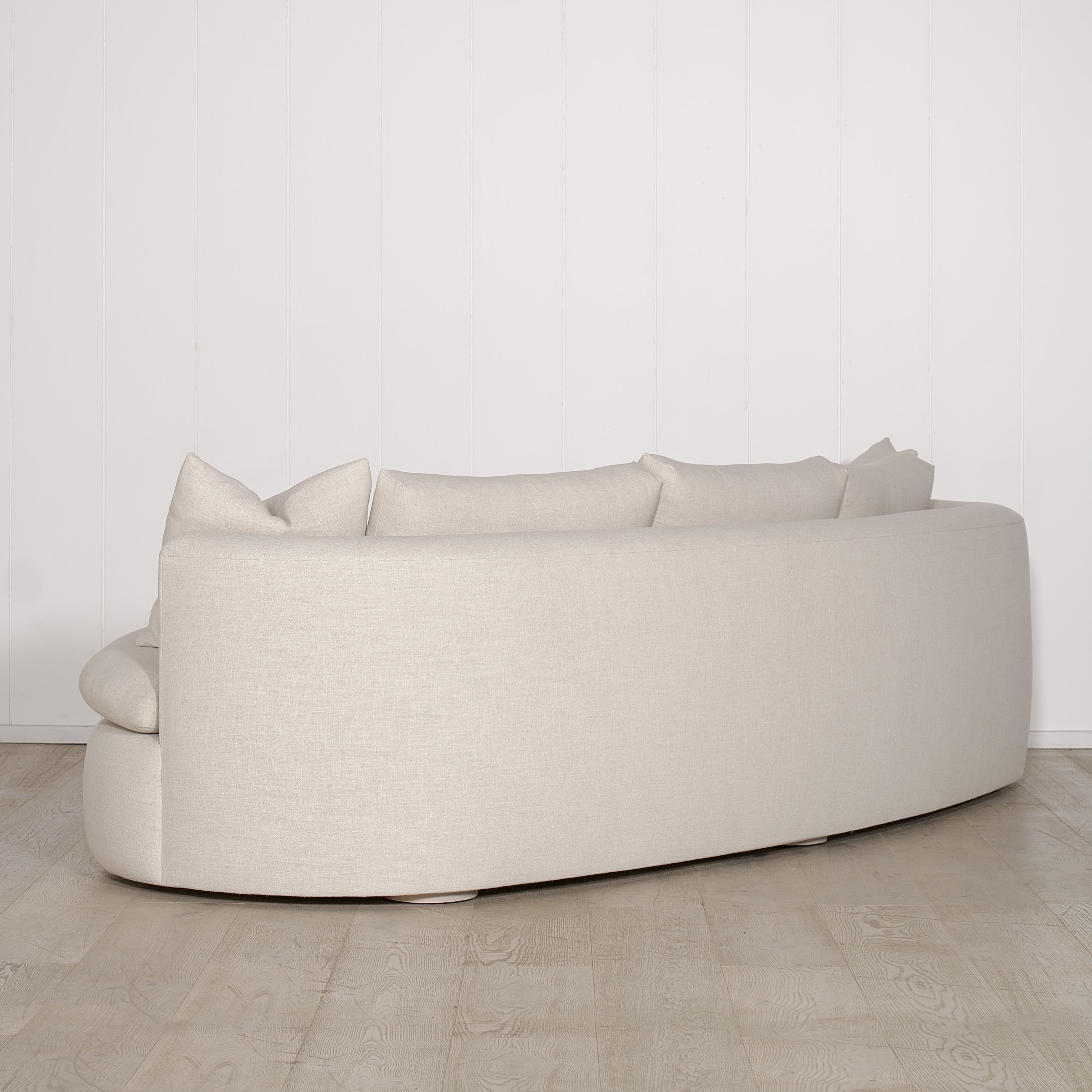 As Shown: Upholstered in Belgian Oatmeal, oak base finished in Mint White Super White