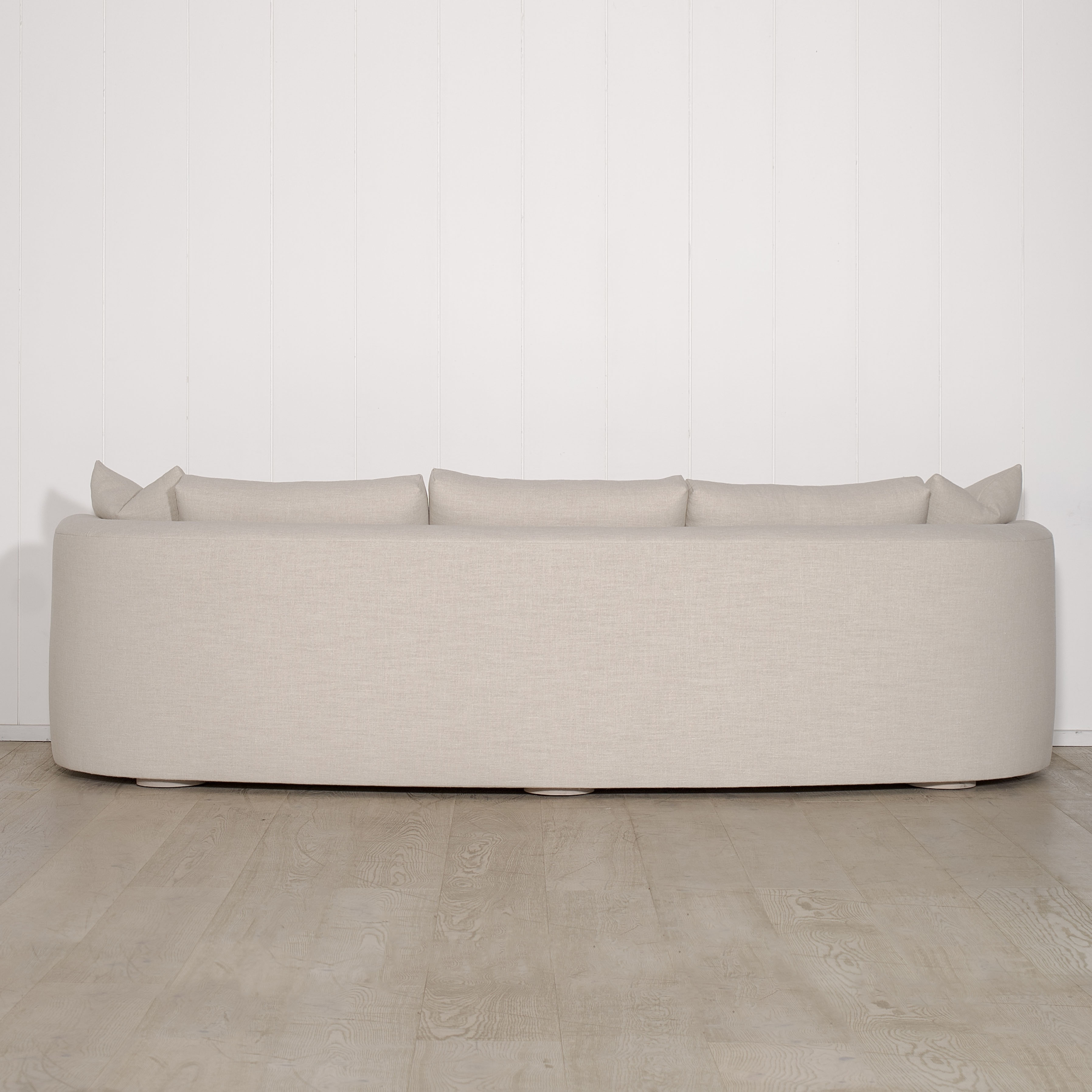 As Shown: Upholstered in Belgian Oatmeal, oak base finished in Mint White Super White