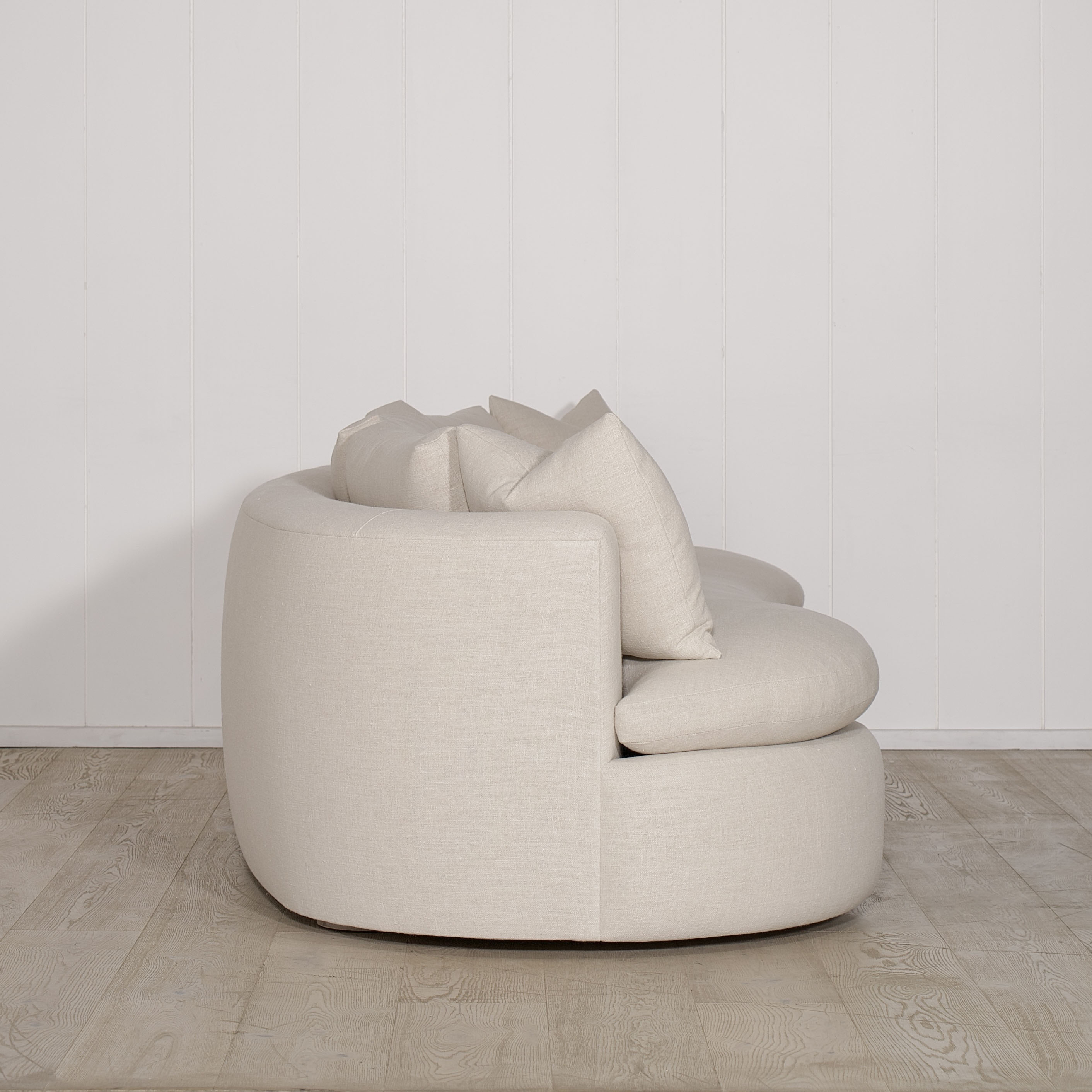 As Shown: Upholstered in Belgian Oatmeal, oak base finished in Mint White Super White