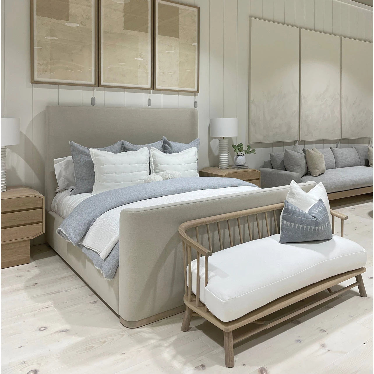 As Shown: in COM, oak base finished Mint White Natural.