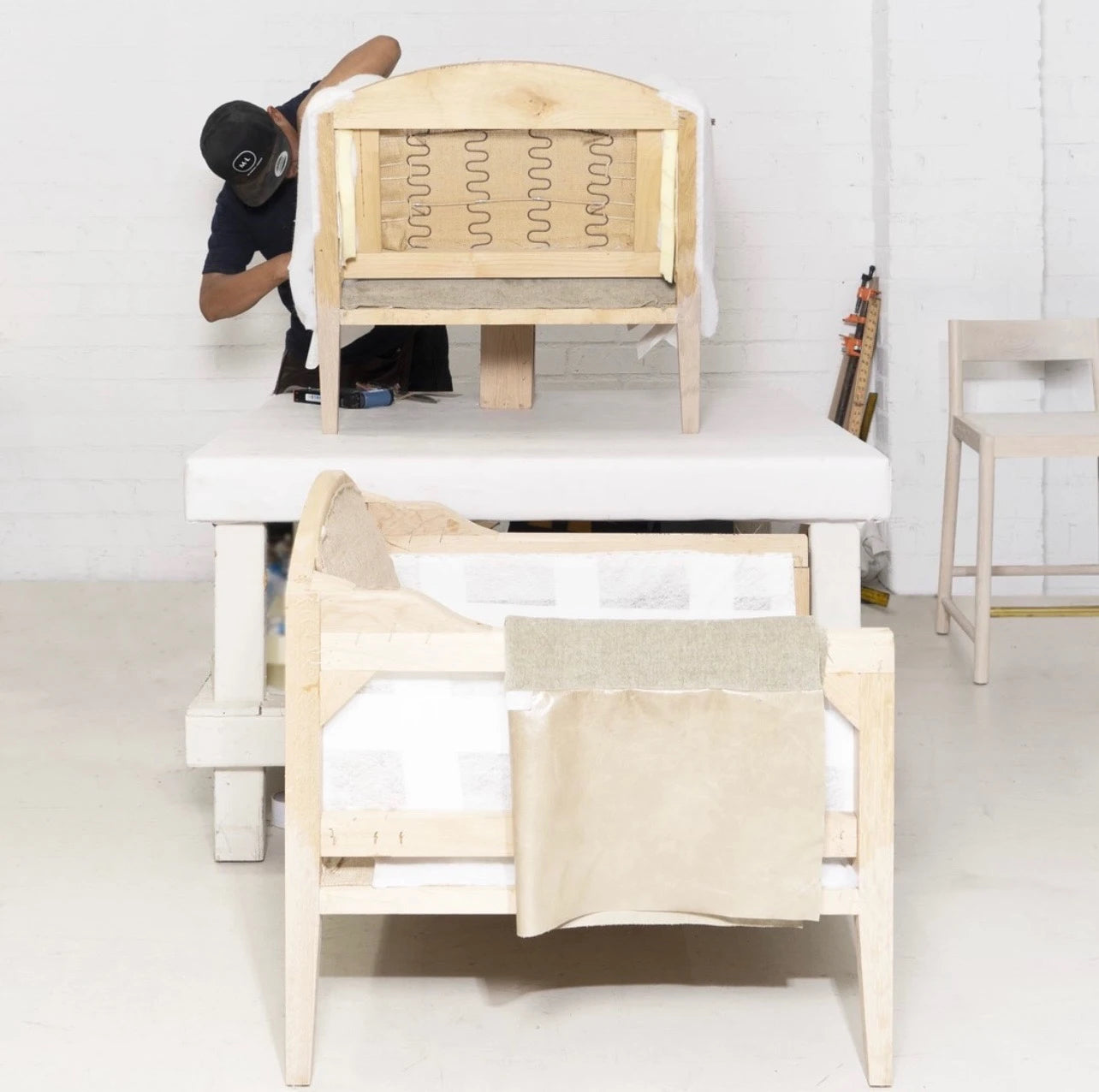 As Shown: in Mont Blanc Smoke leather. Oak finished in Mint White Natural