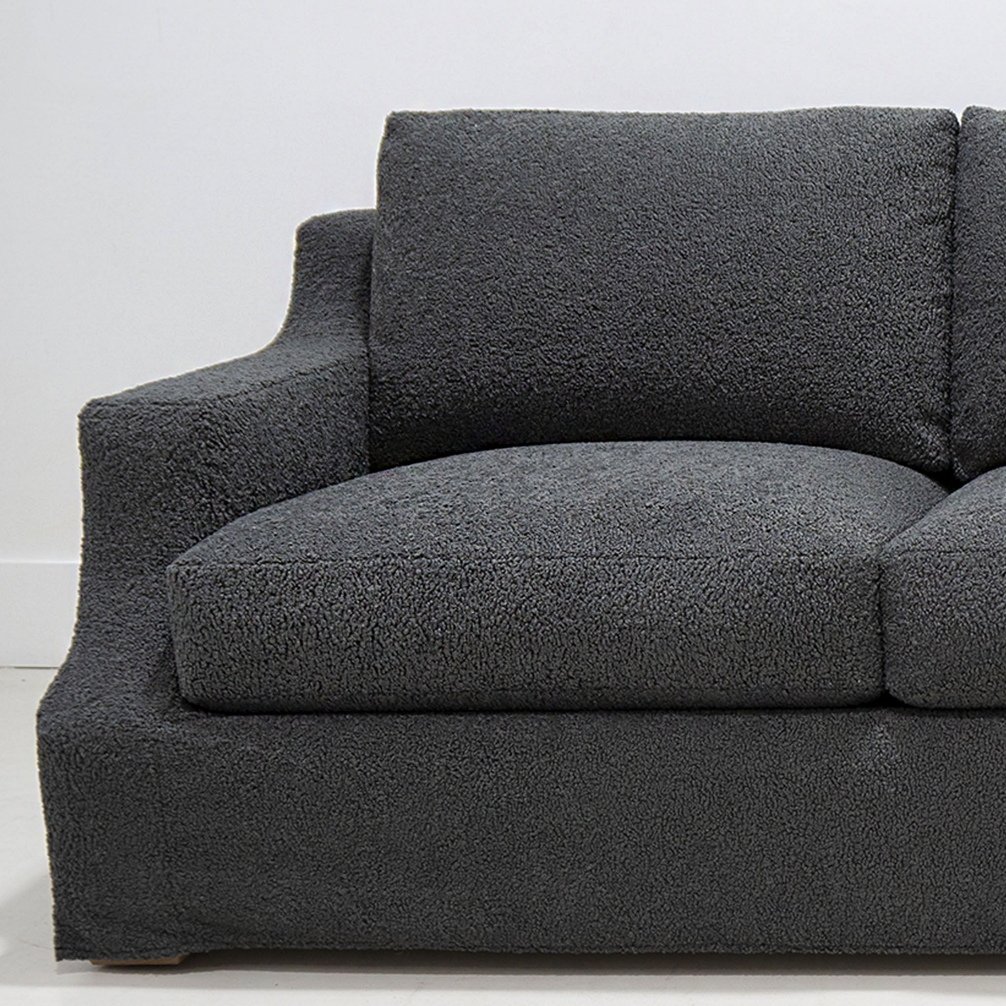 As Shown: in slipcovered Nomad Snow. And slipcovered Sheepskin Charcoal.