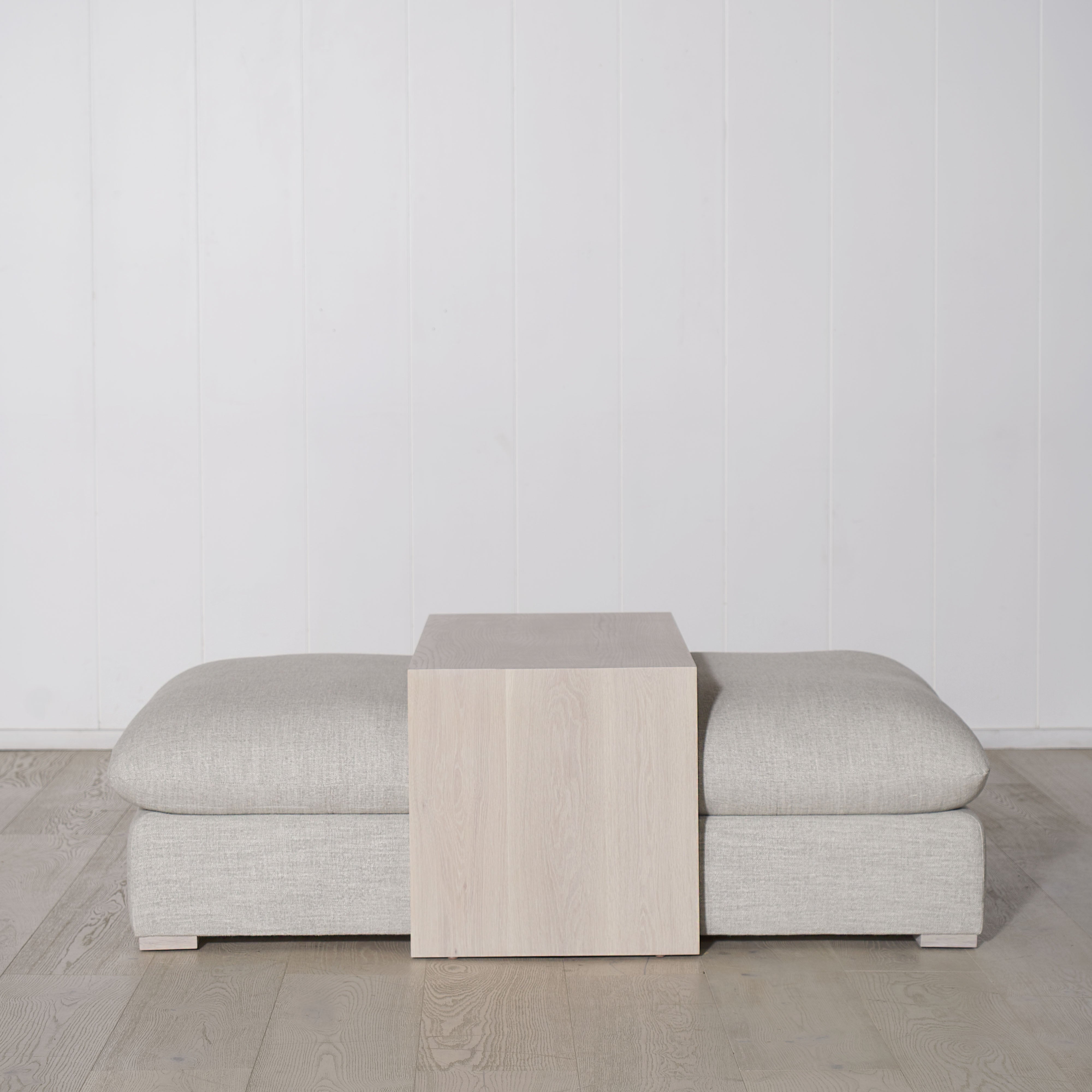 As Shown: in Belgian Fog. Oak finished in Mint White Super White.