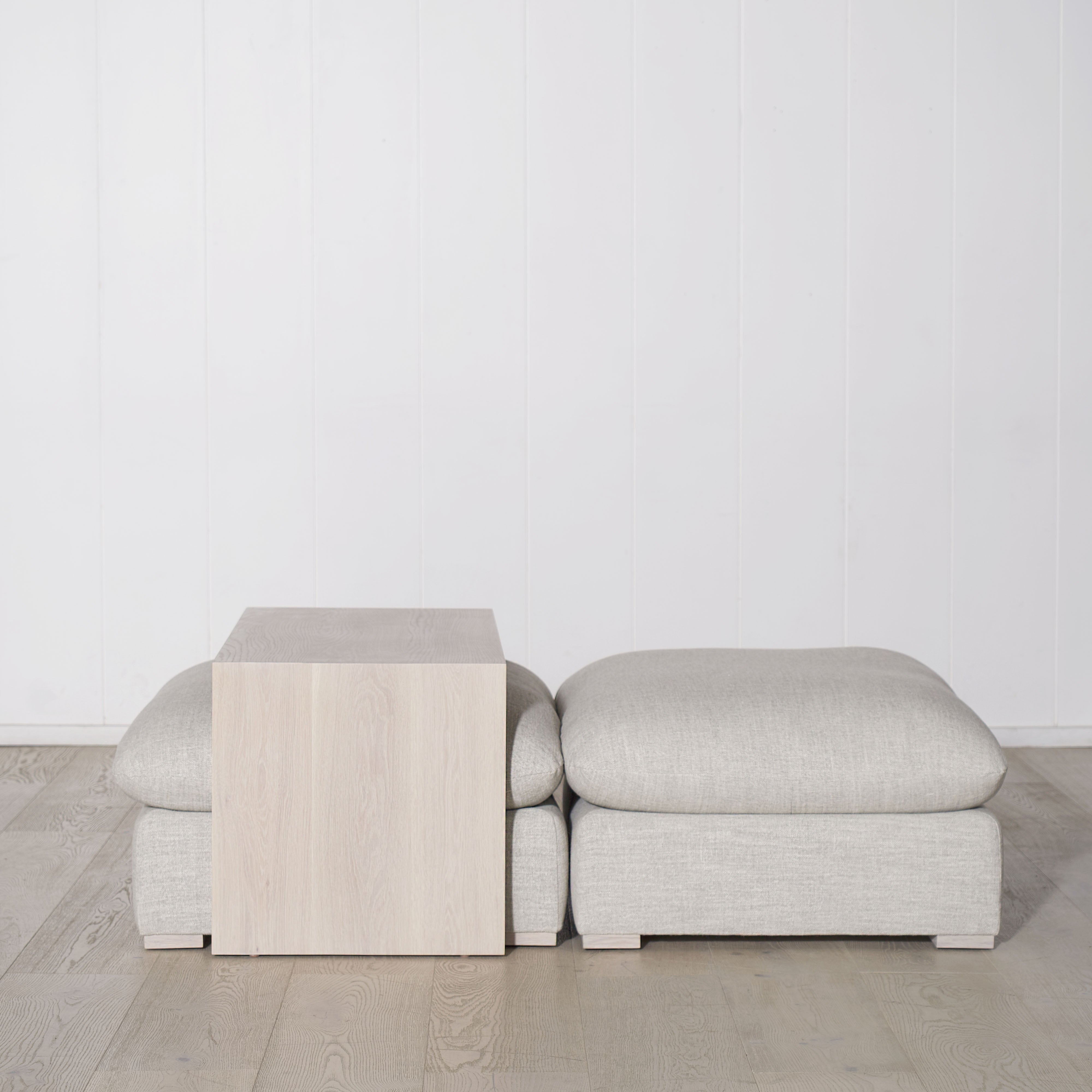 As Shown: in Belgian Fog. Oak finished in Mint White Super White.