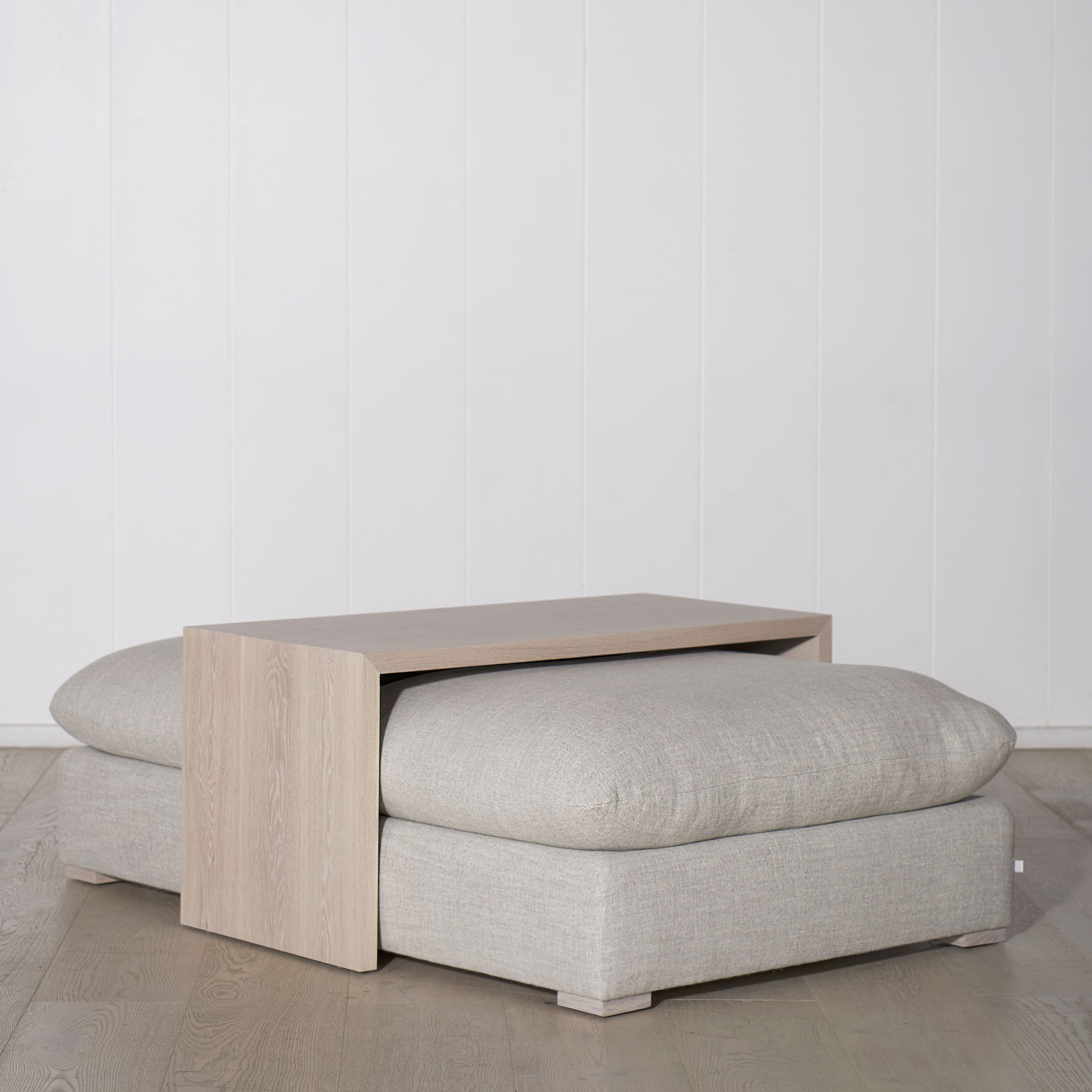 As Shown: in Belgian Fog. Oak finished in Mint White Super White.