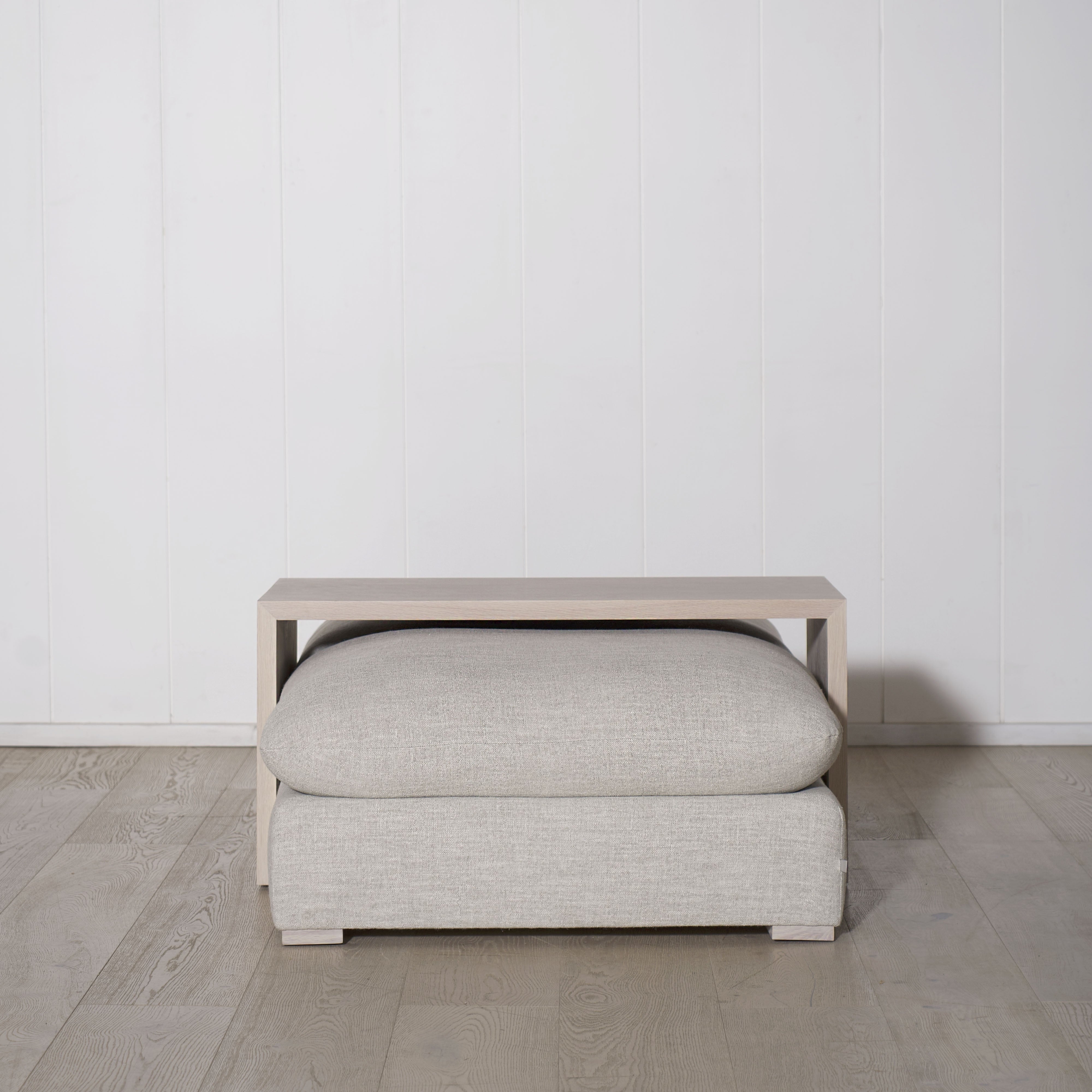 As Shown: in Belgian Fog. Oak finished in Mint White Super White.