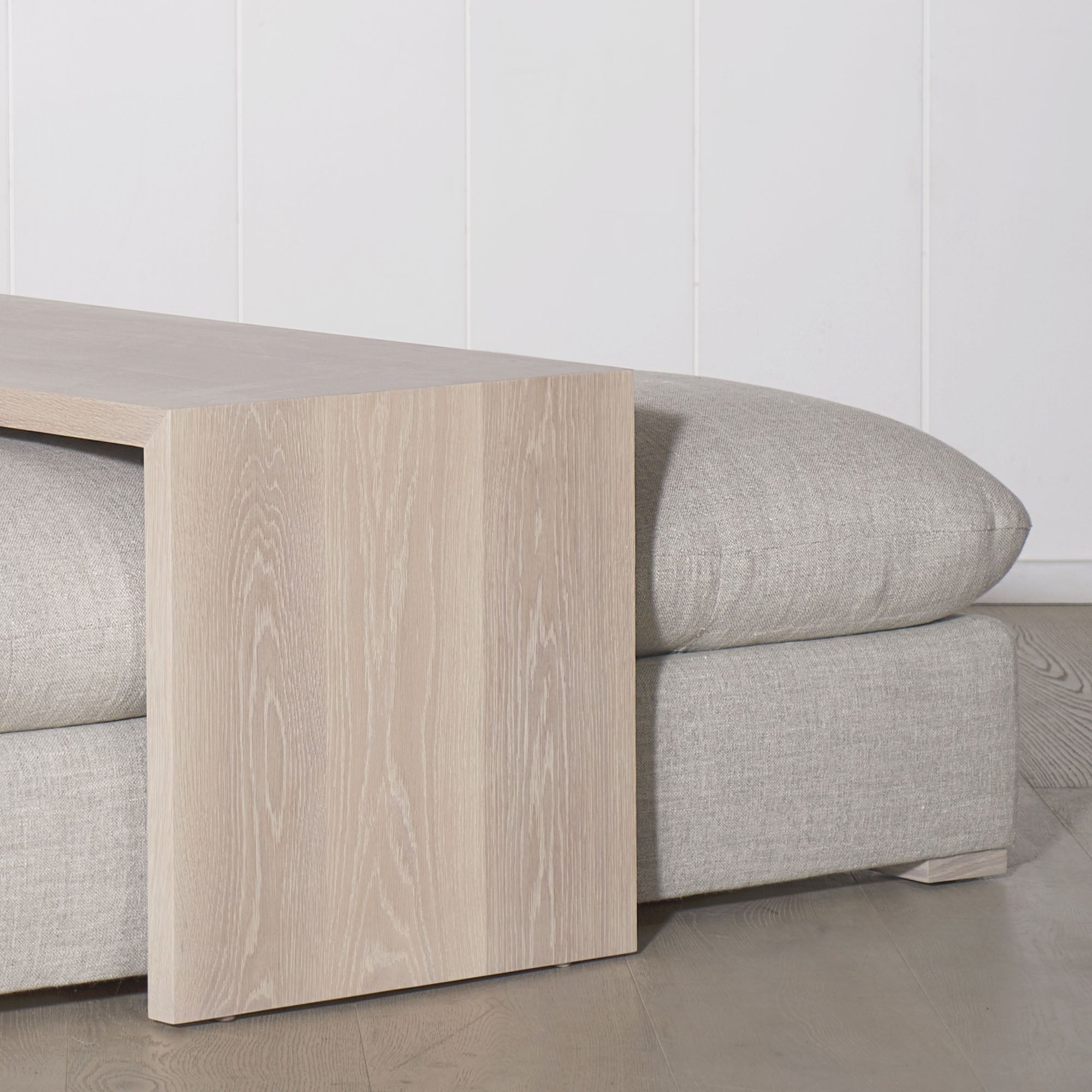 As Shown: in Belgian Fog. Oak finished in Mint White Super White.