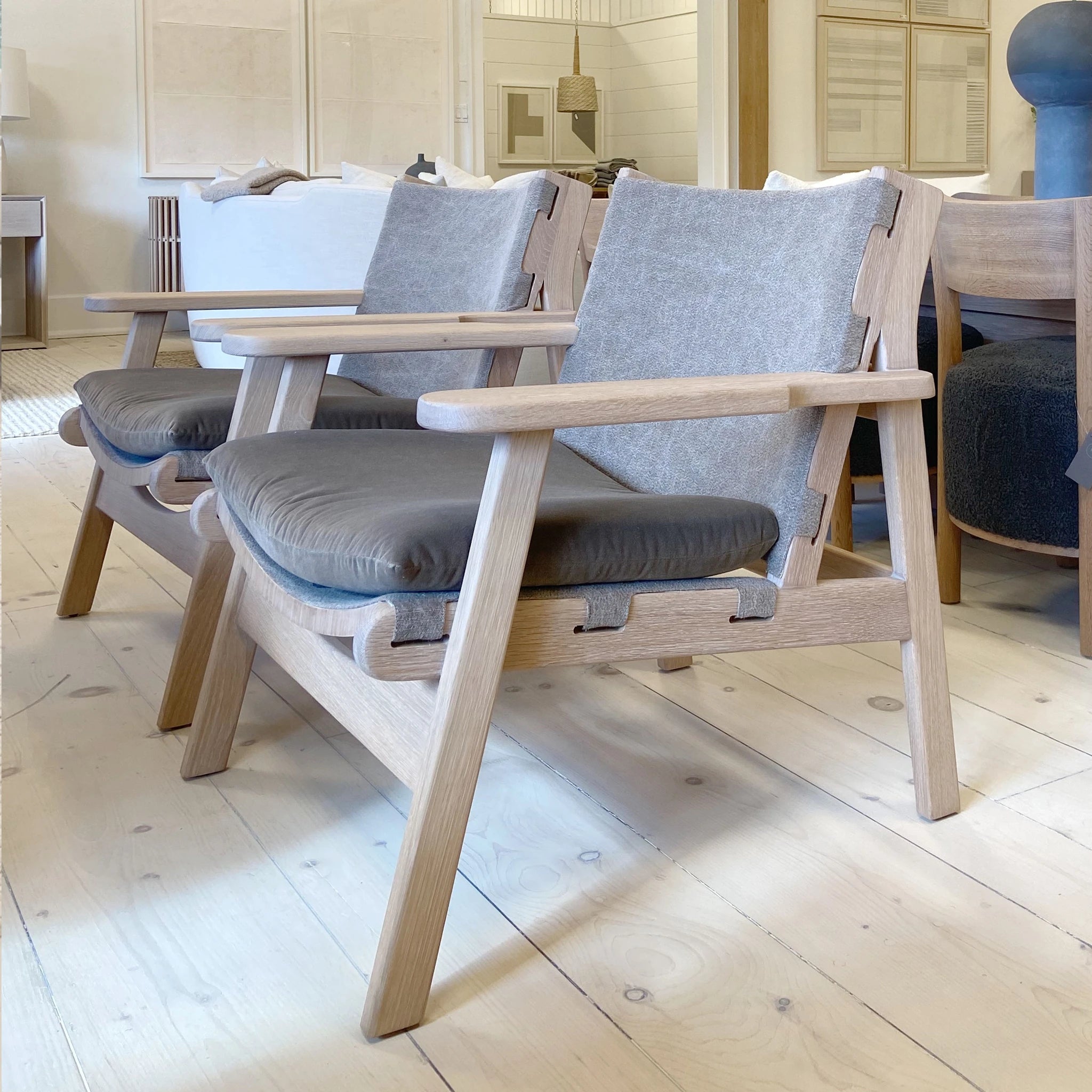 As Shown: in COM and Sky Taupe cushion.Oak finished in Mint White Natural.