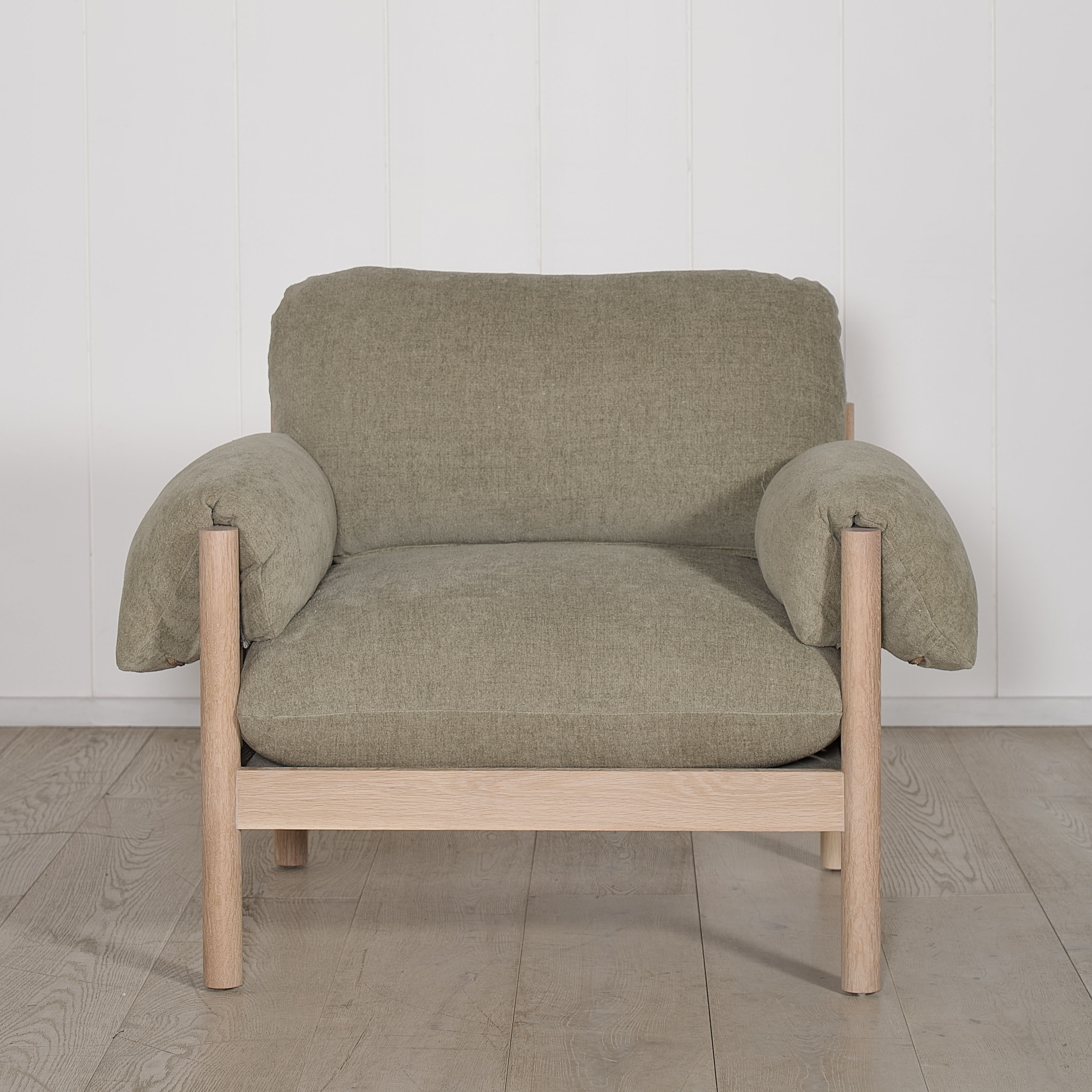 As Shown: in Bellamy Moss, oak finished in Mint White Natural