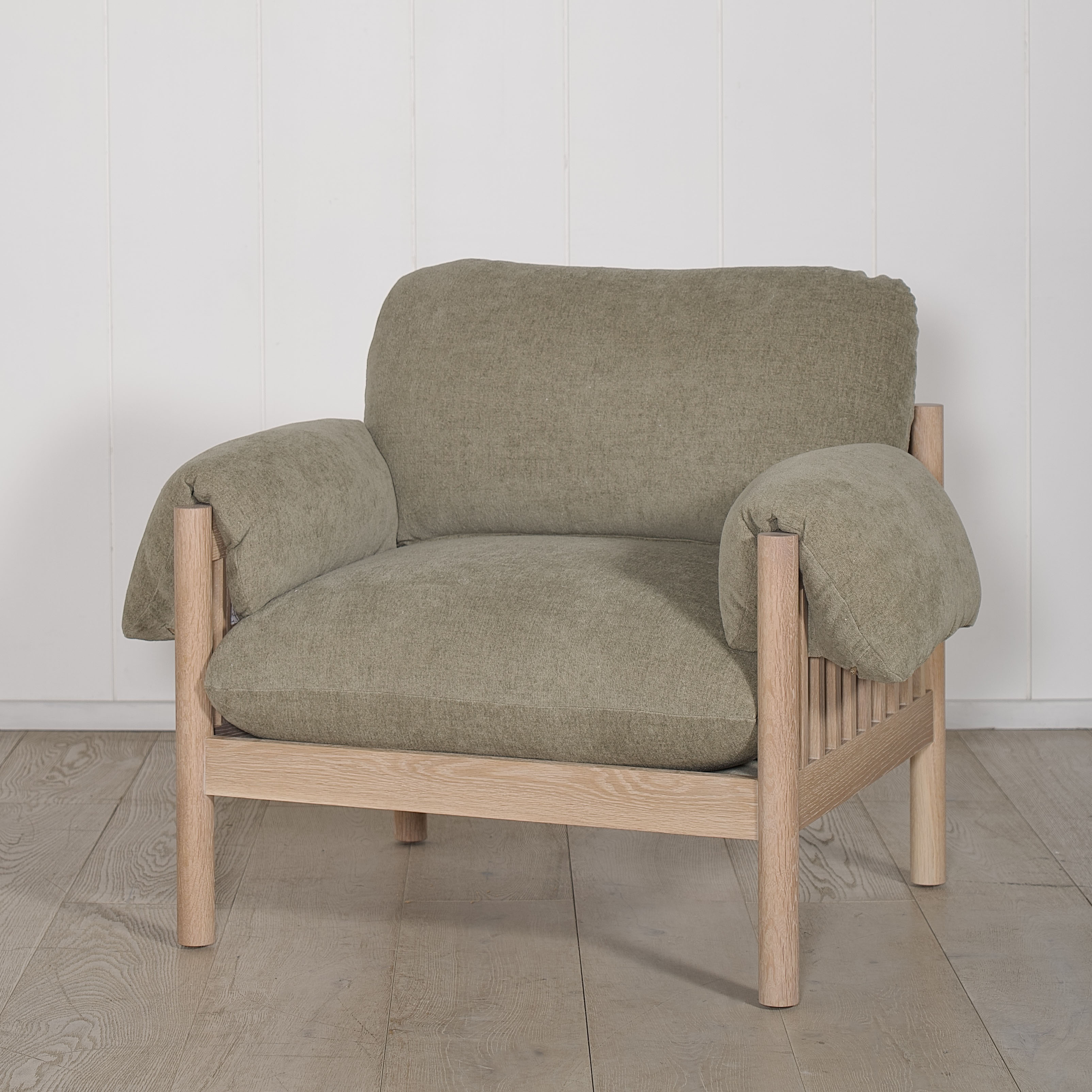 As Shown: in Bellamy Moss, oak finished in Mint White Natural