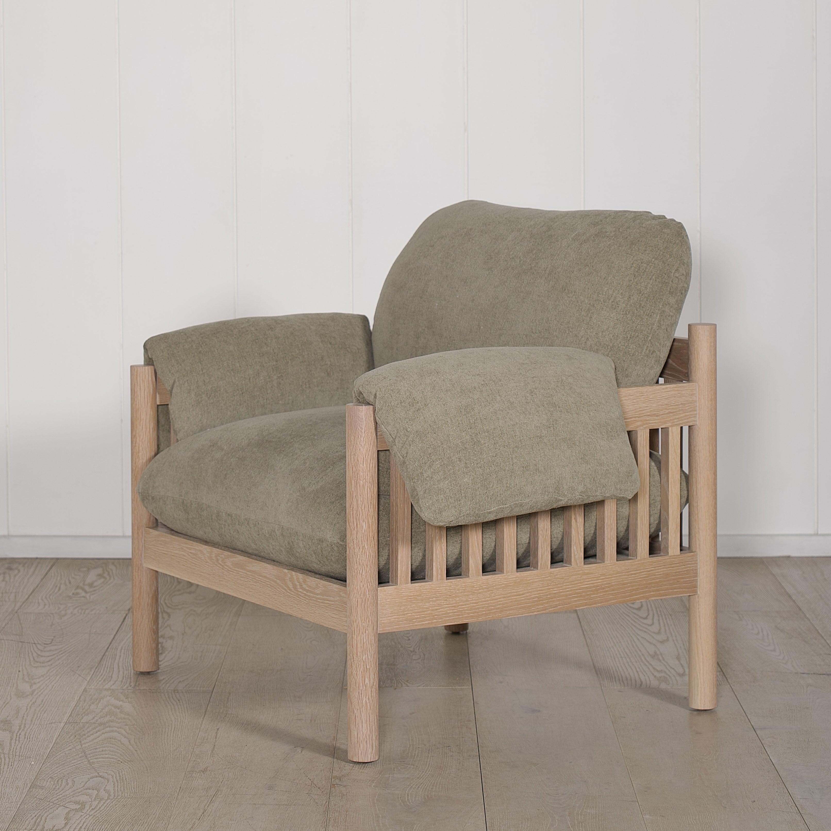 As Shown: in Bellamy Moss, oak finished in Mint White Natural