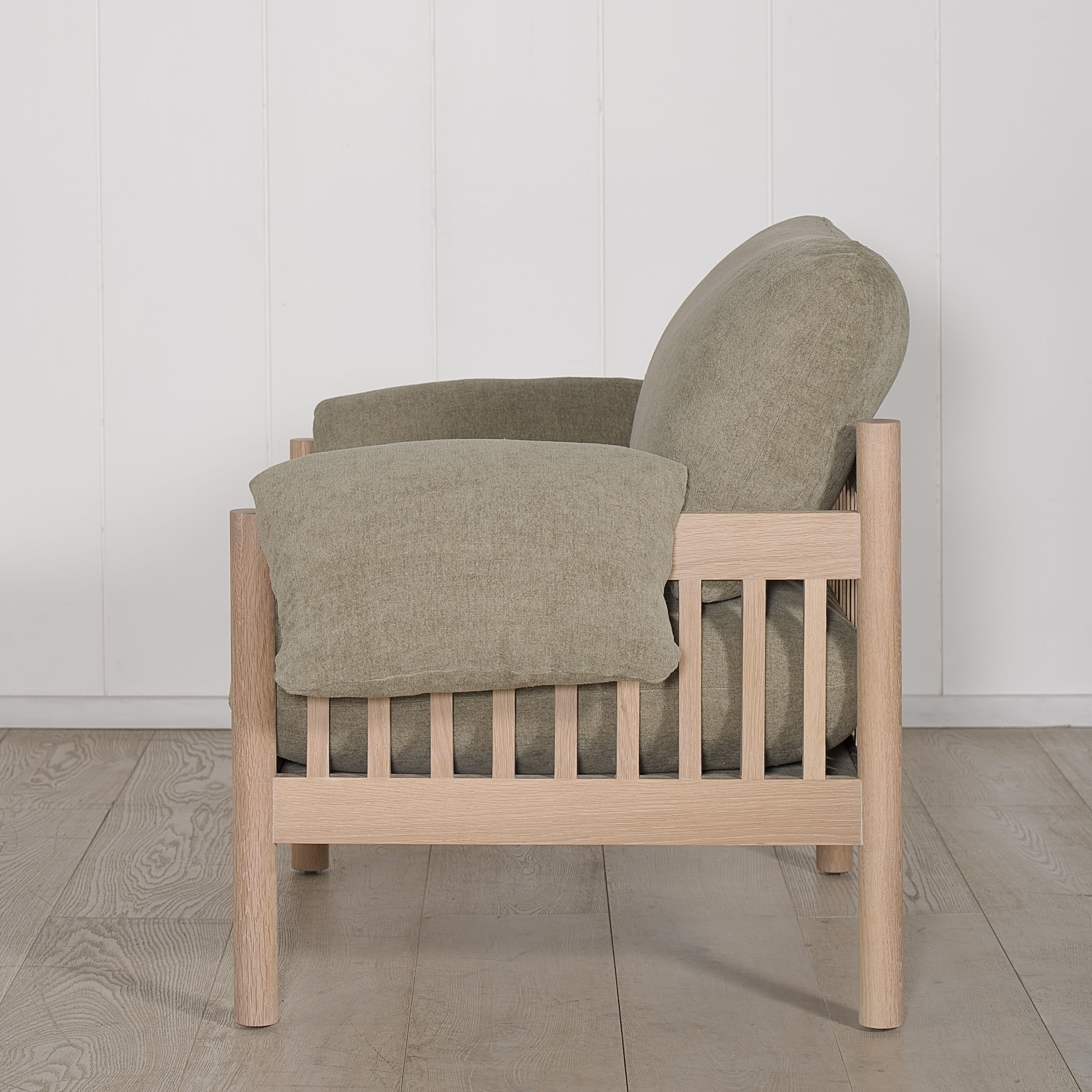 As Shown: in Bellamy Moss, oak finished in Mint White Natural