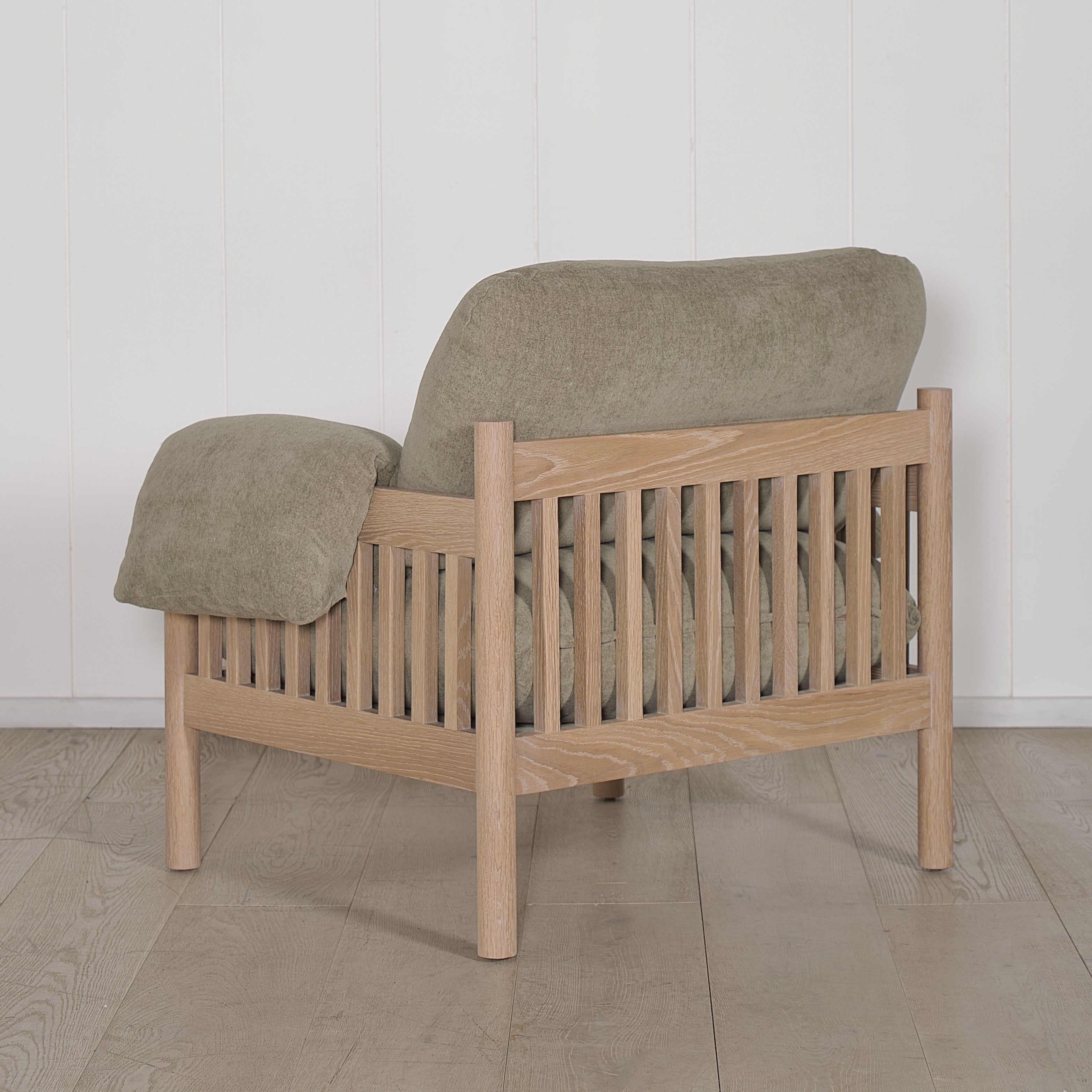 As Shown: in Bellamy Moss, oak finished in Mint White Natural