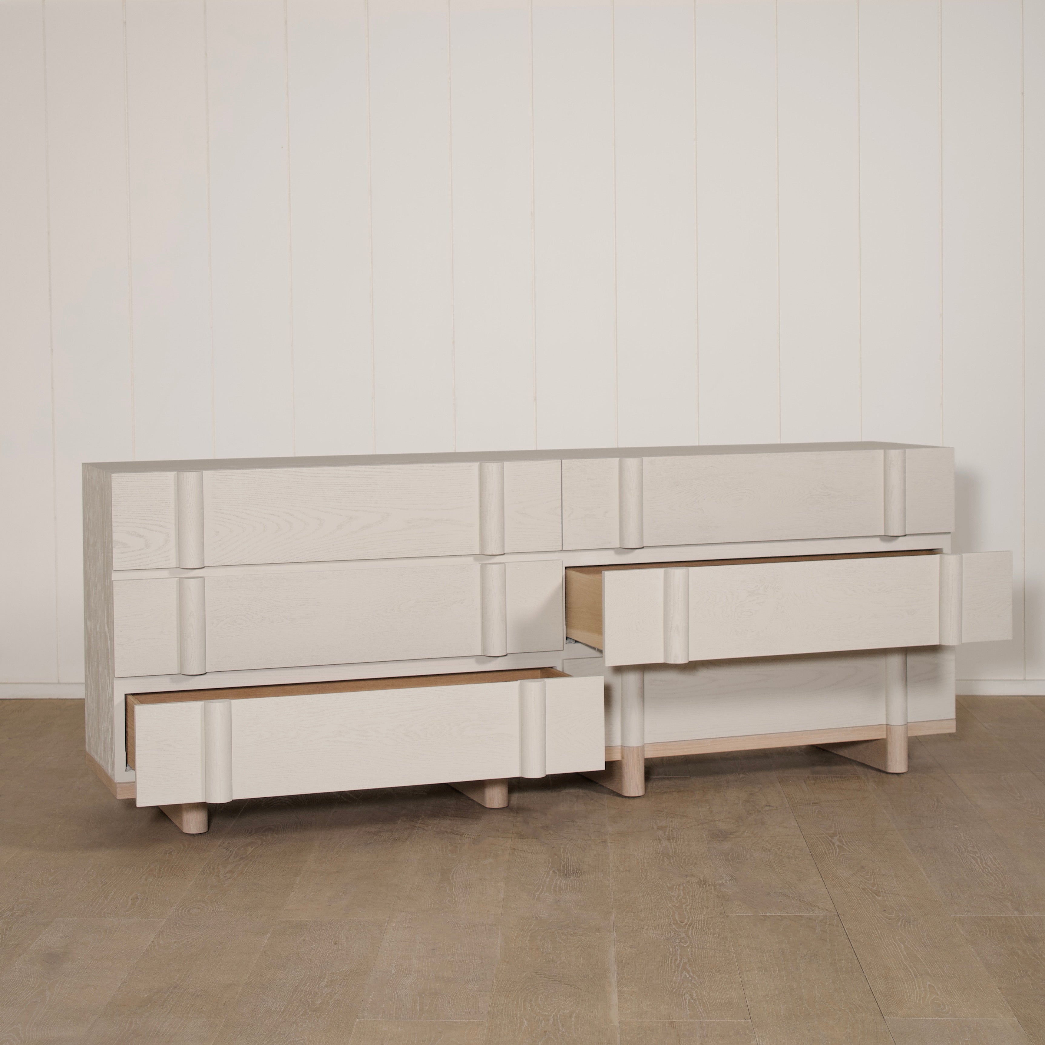 As Shown: Variant 1: (Body) Ash wire brushed in Revere Pewter, (Base) Oak stained in Sand