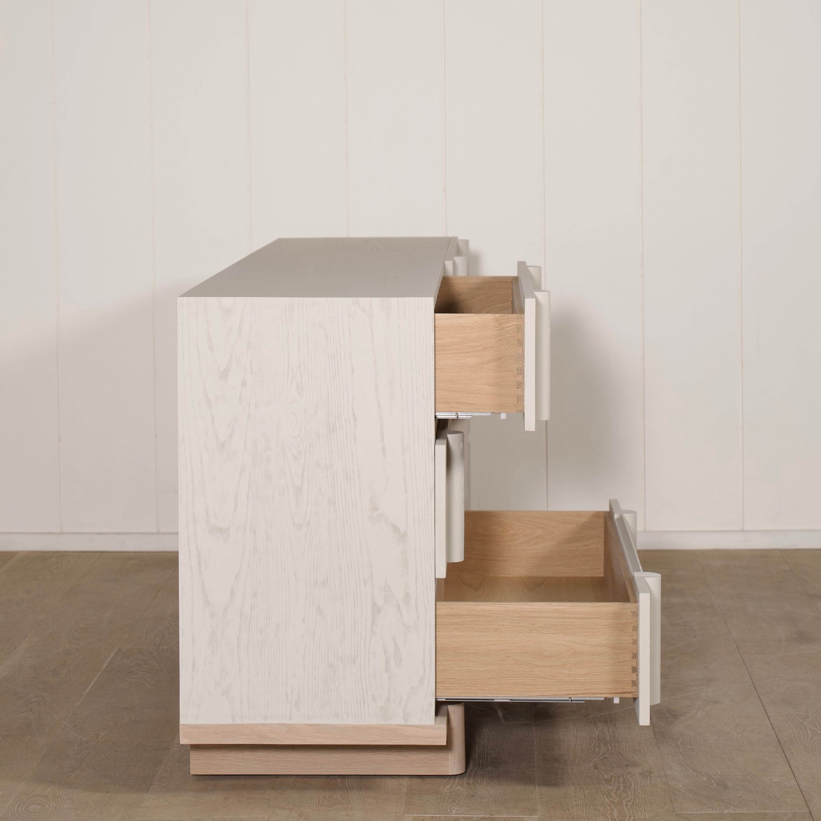 As Shown: Variant 1: (Body) Ash wire brushed in Revere Pewter, (Base) Oak stained in Sand