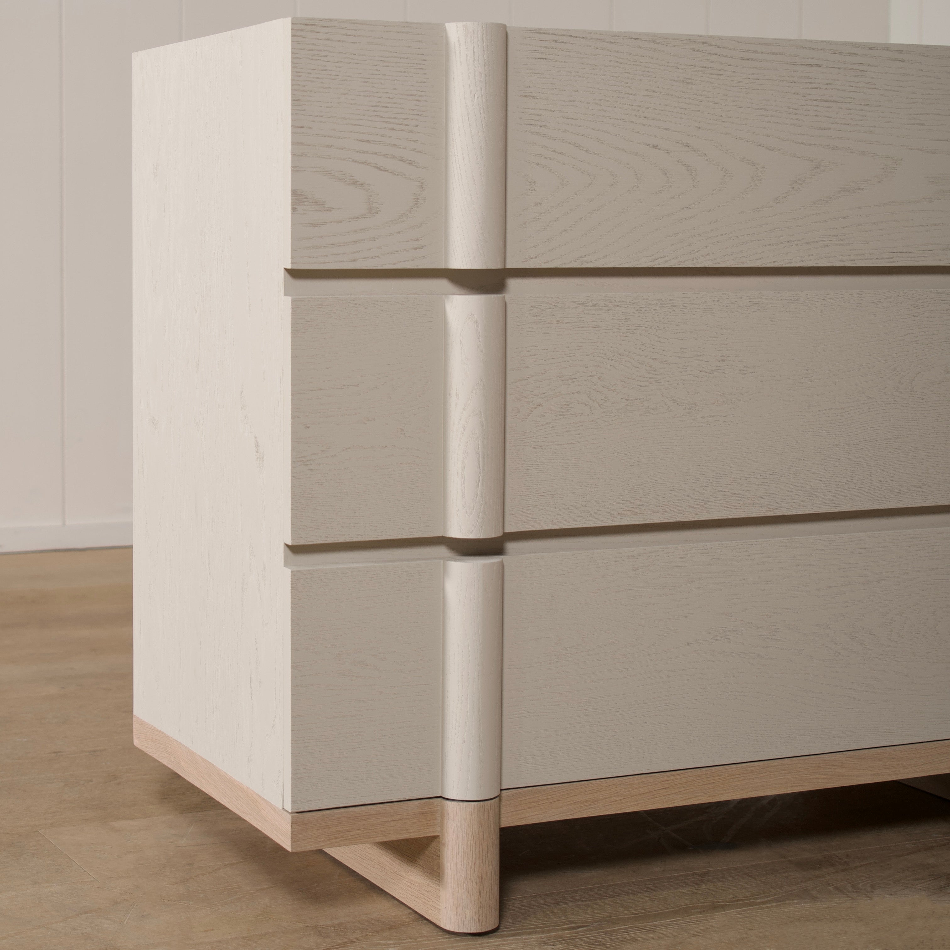 As Shown: Variant 1: (Body) Ash wire brushed in Revere Pewter, (Base) Oak stained in Sand