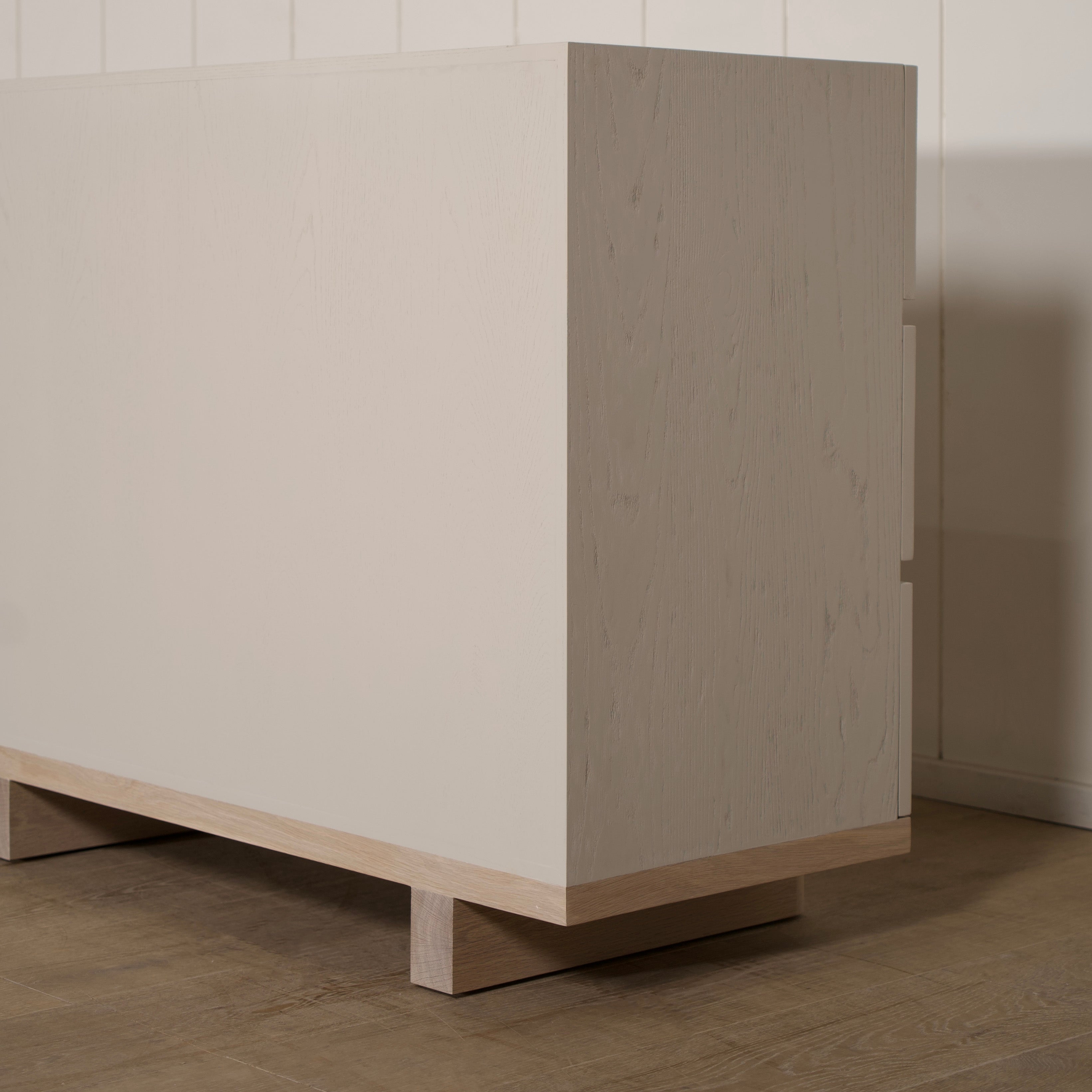 As Shown: Variant 1: (Body) Ash wire brushed in Revere Pewter, (Base) Oak stained in Sand