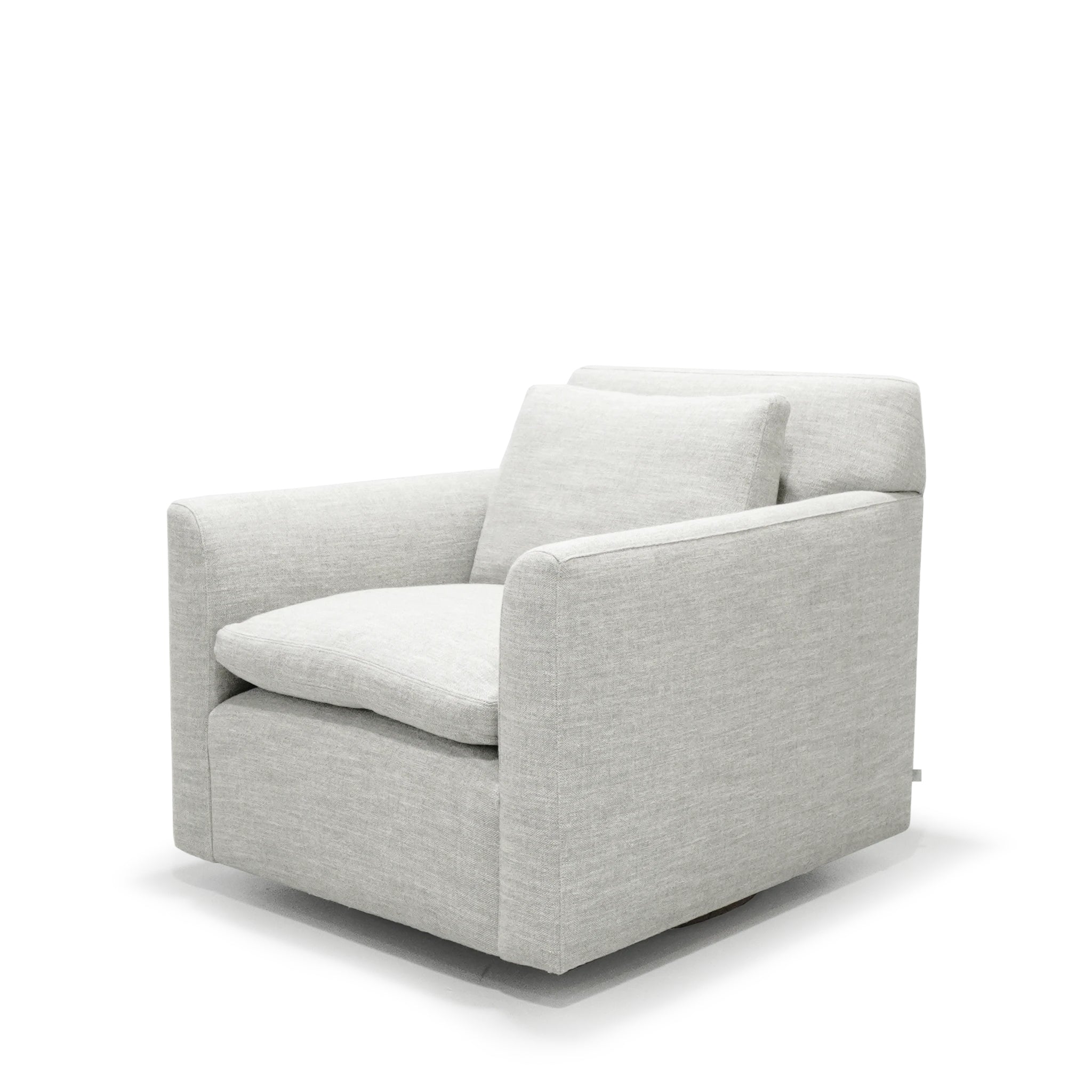 As Shown: in Upholstered Belgian Fog, swivel.