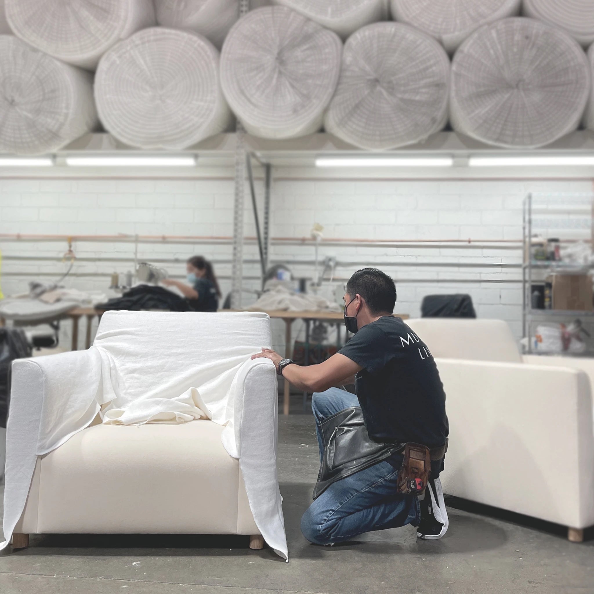 As Shown: in Upholstered Belgian Fog, swivel.