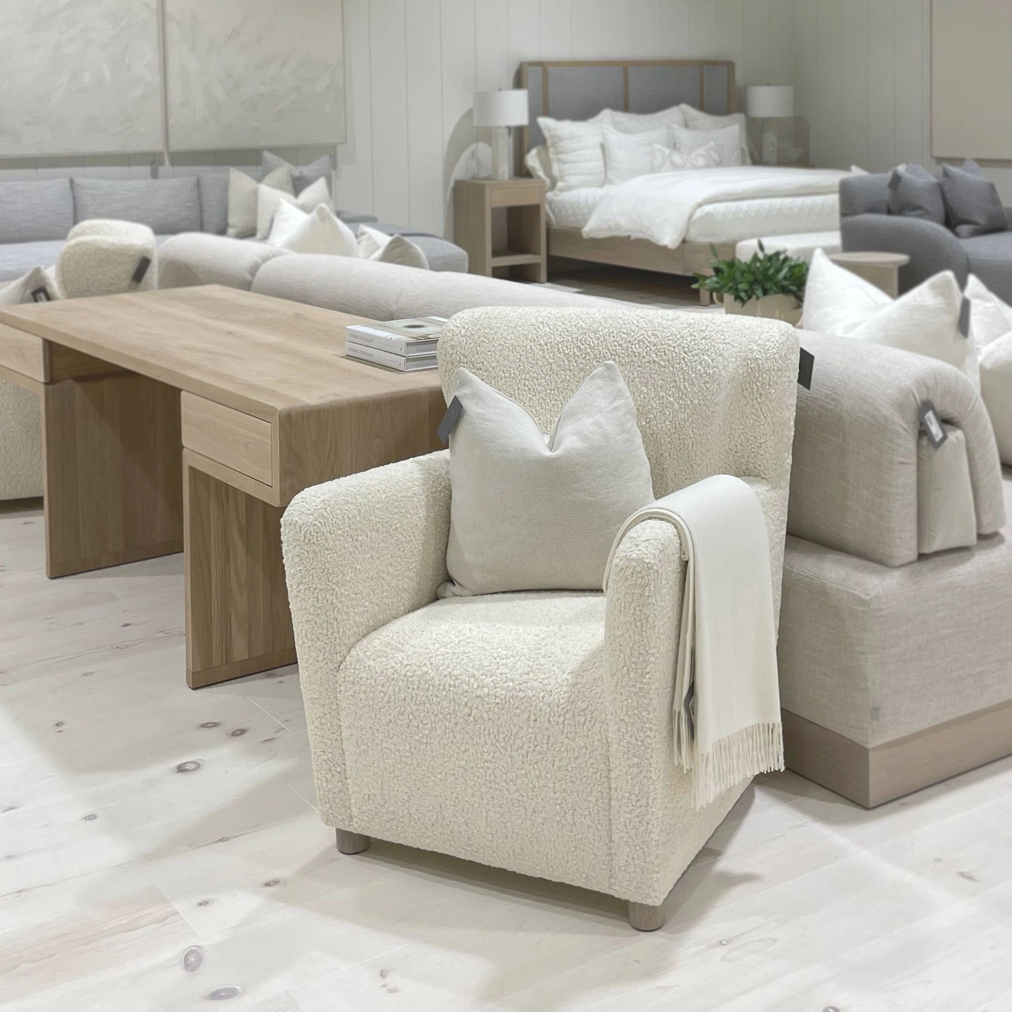 As Shown: in Berber White, oak legs finished in Mint White Natural.