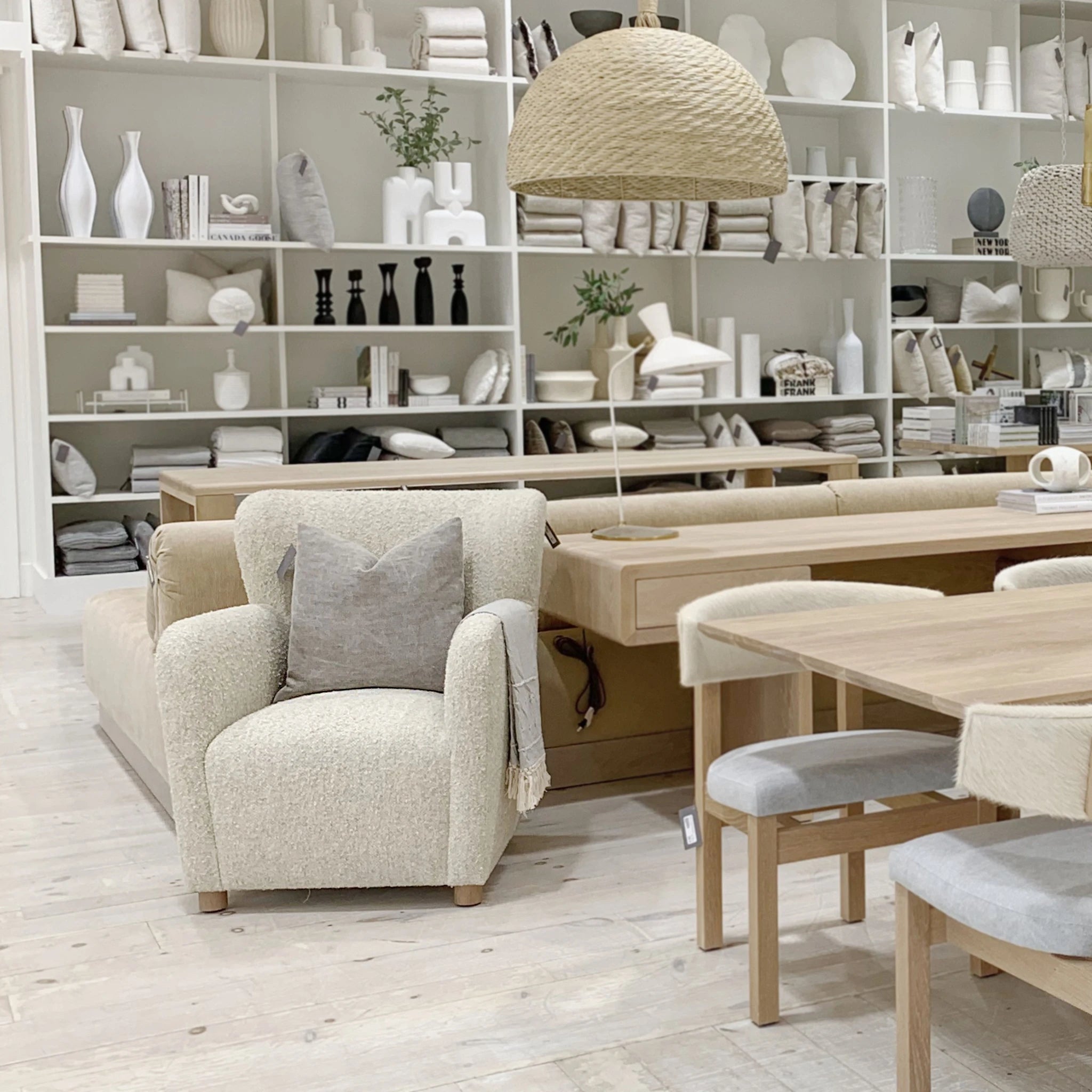 As Shown: in Berber White, oak legs finished in Mint White Natural.