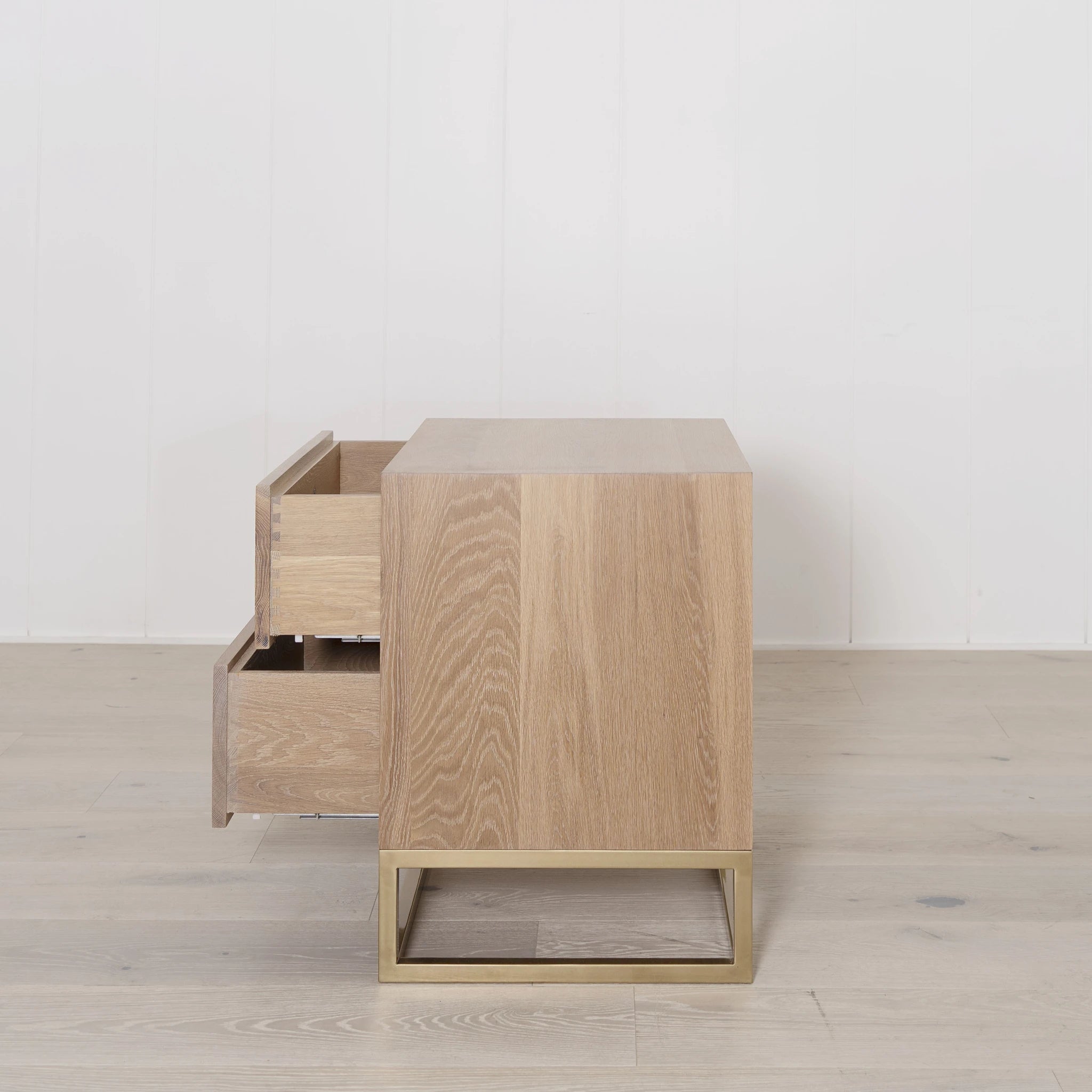 As Shown: in Mint White Natural and brass base.