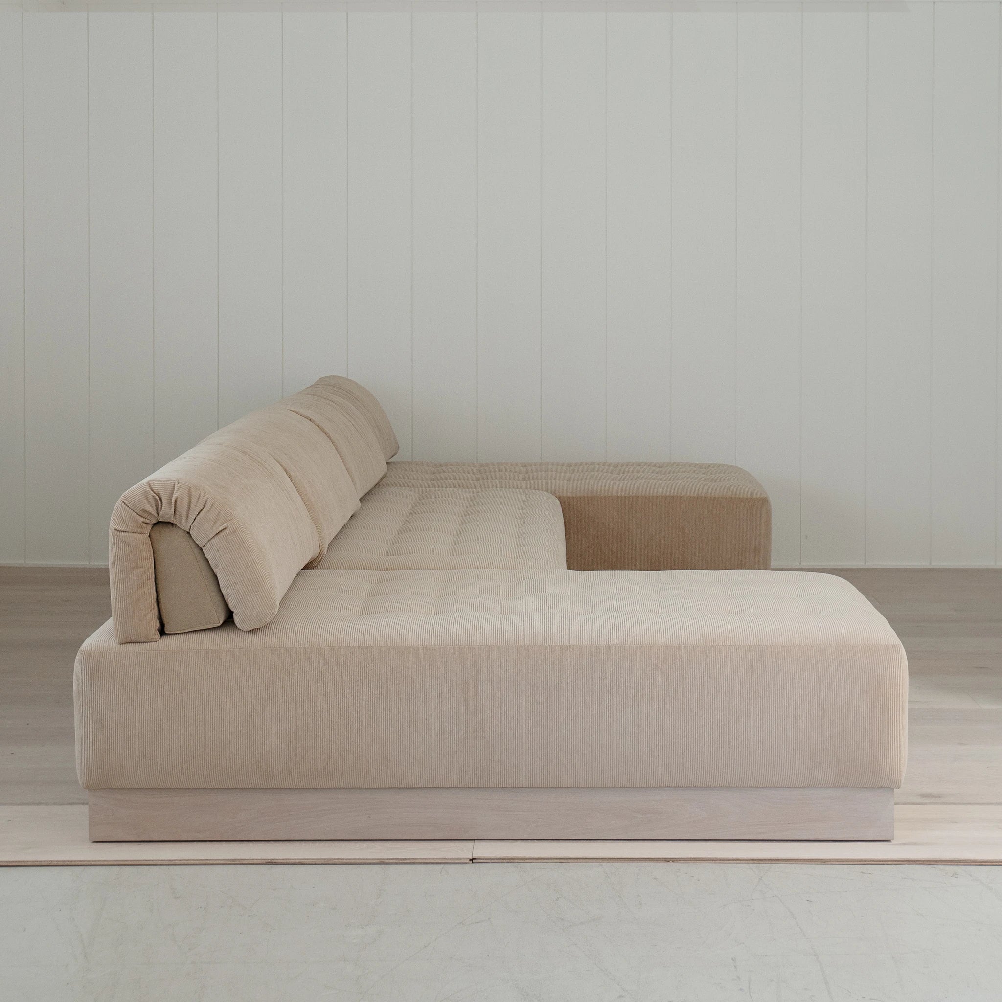 As Shown: in Mila Cashew, with Sky Hemp inside cushion; Mint White Super White finish.