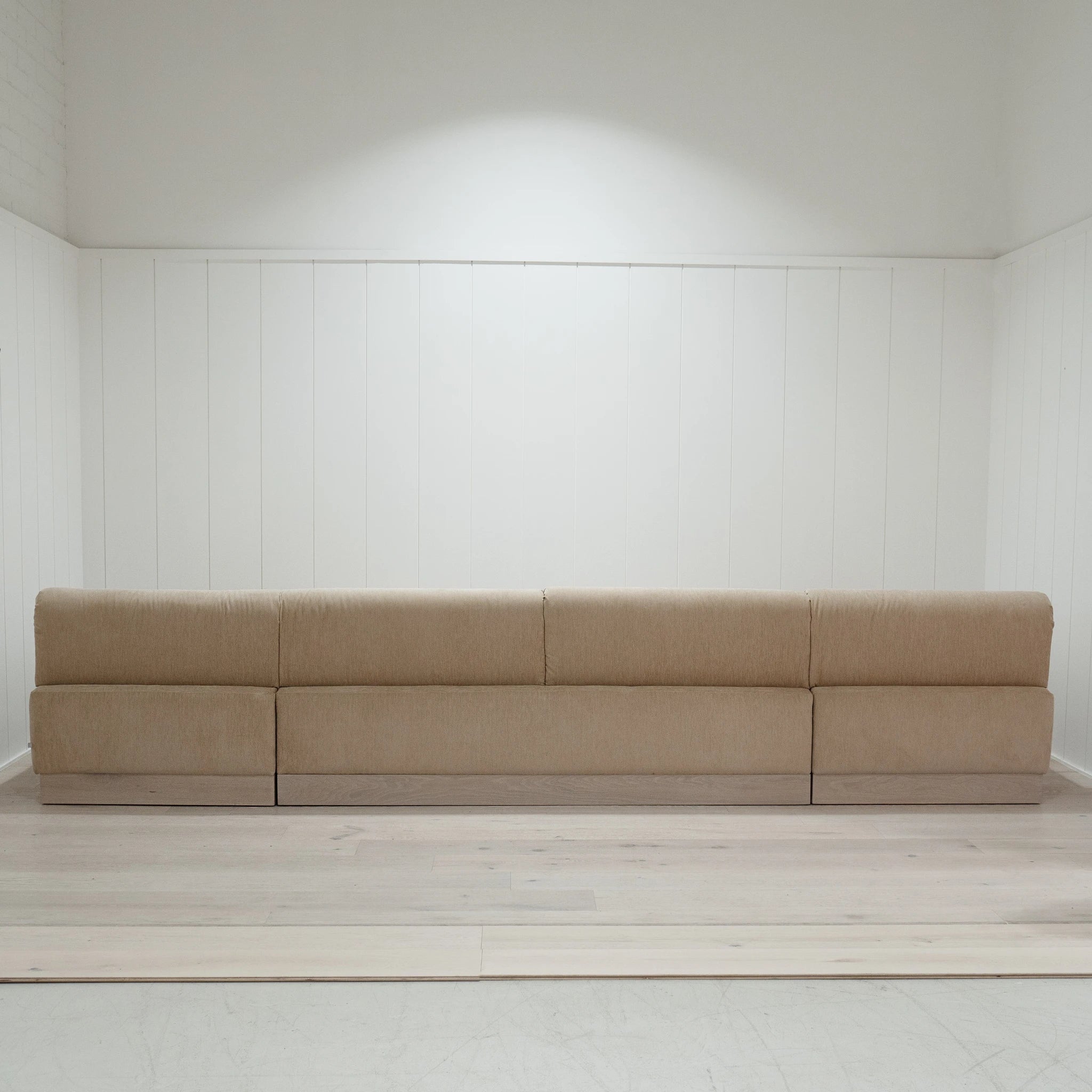 As Shown: in Mila Cashew, with Sky Hemp inside cushion; Mint White Super White finish.