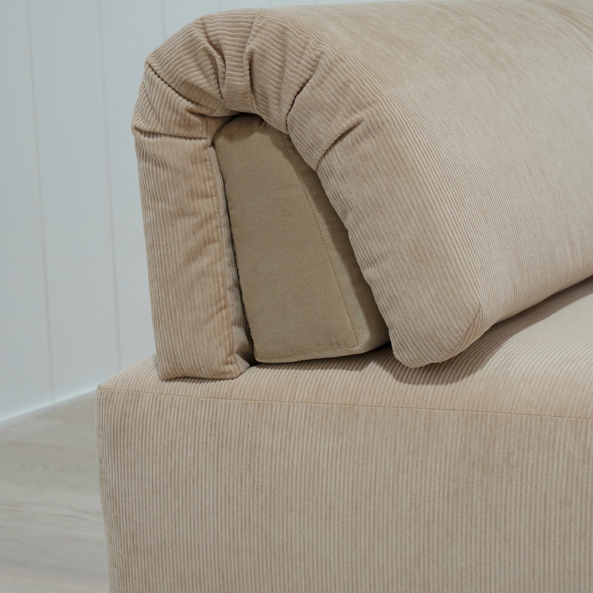 As Shown: in Mila Cashew, with Sky Hemp inside cushion; Mint White Super White finish.